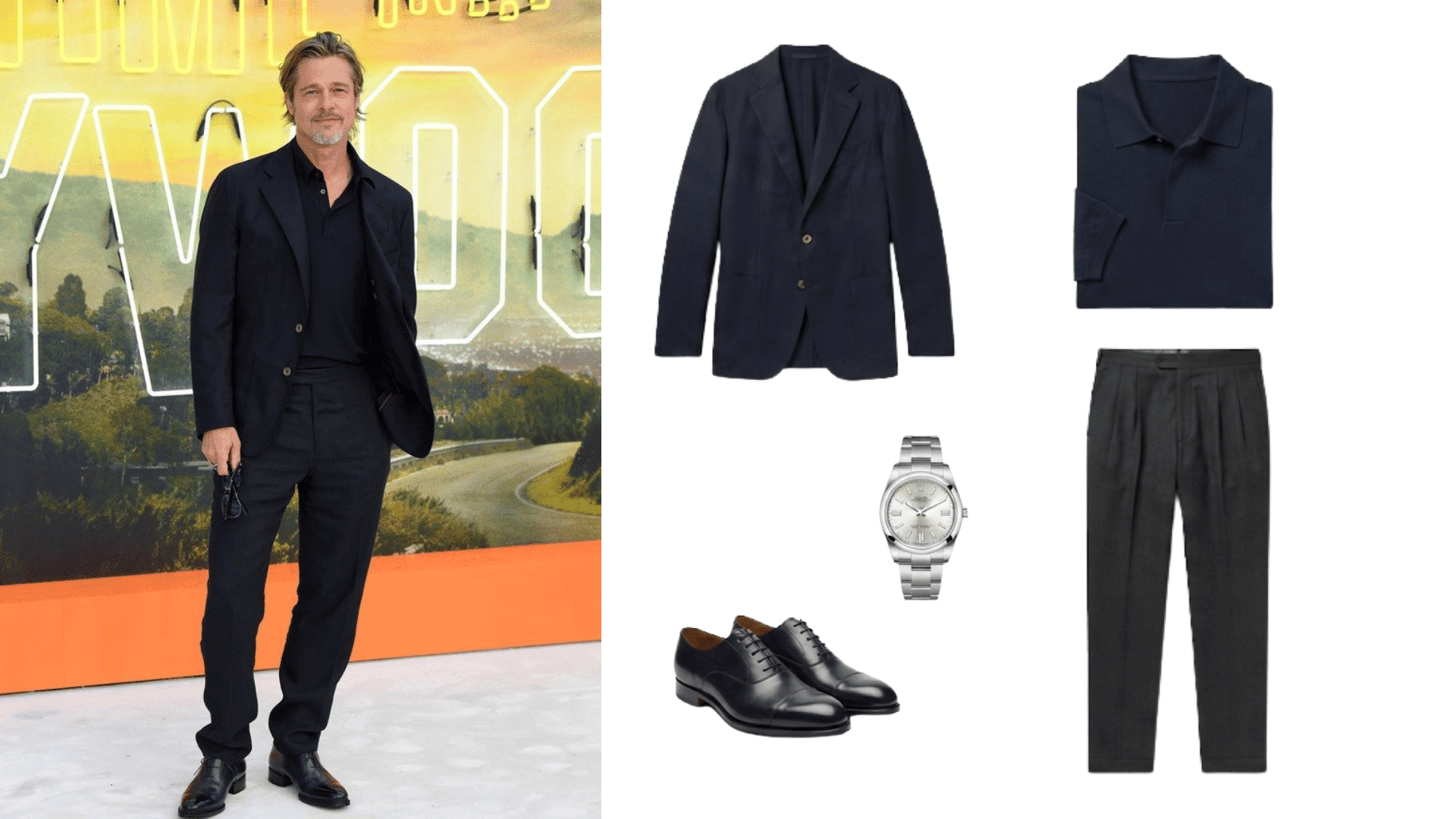 man wearing a blazer over polo shirt with trousers and dress shoes showing an elegant smart casual outfit