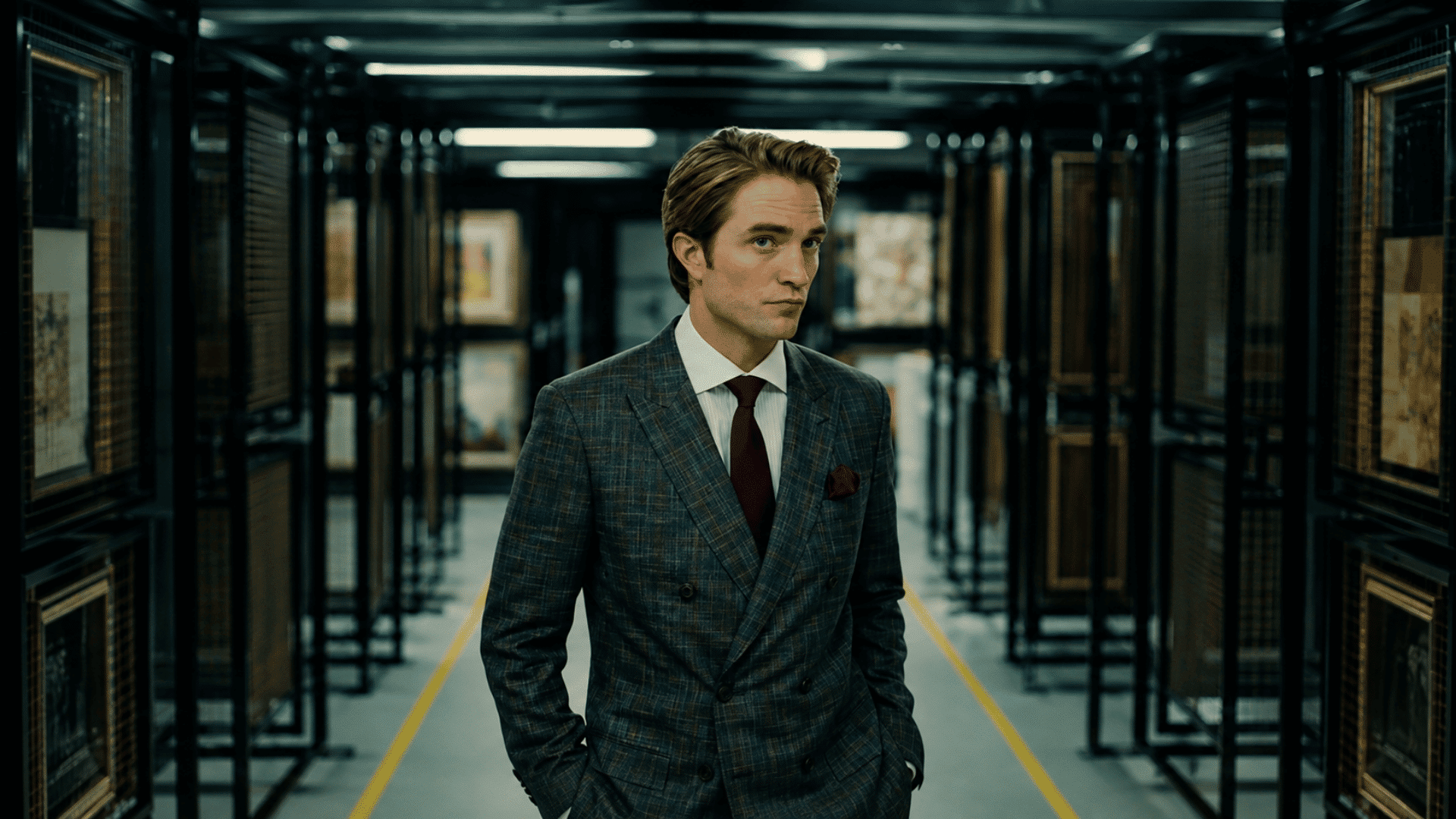 man wearing a classic comb over hairstyle with plaid suit white shirt burgundy tie and pocket square in a formal hallway