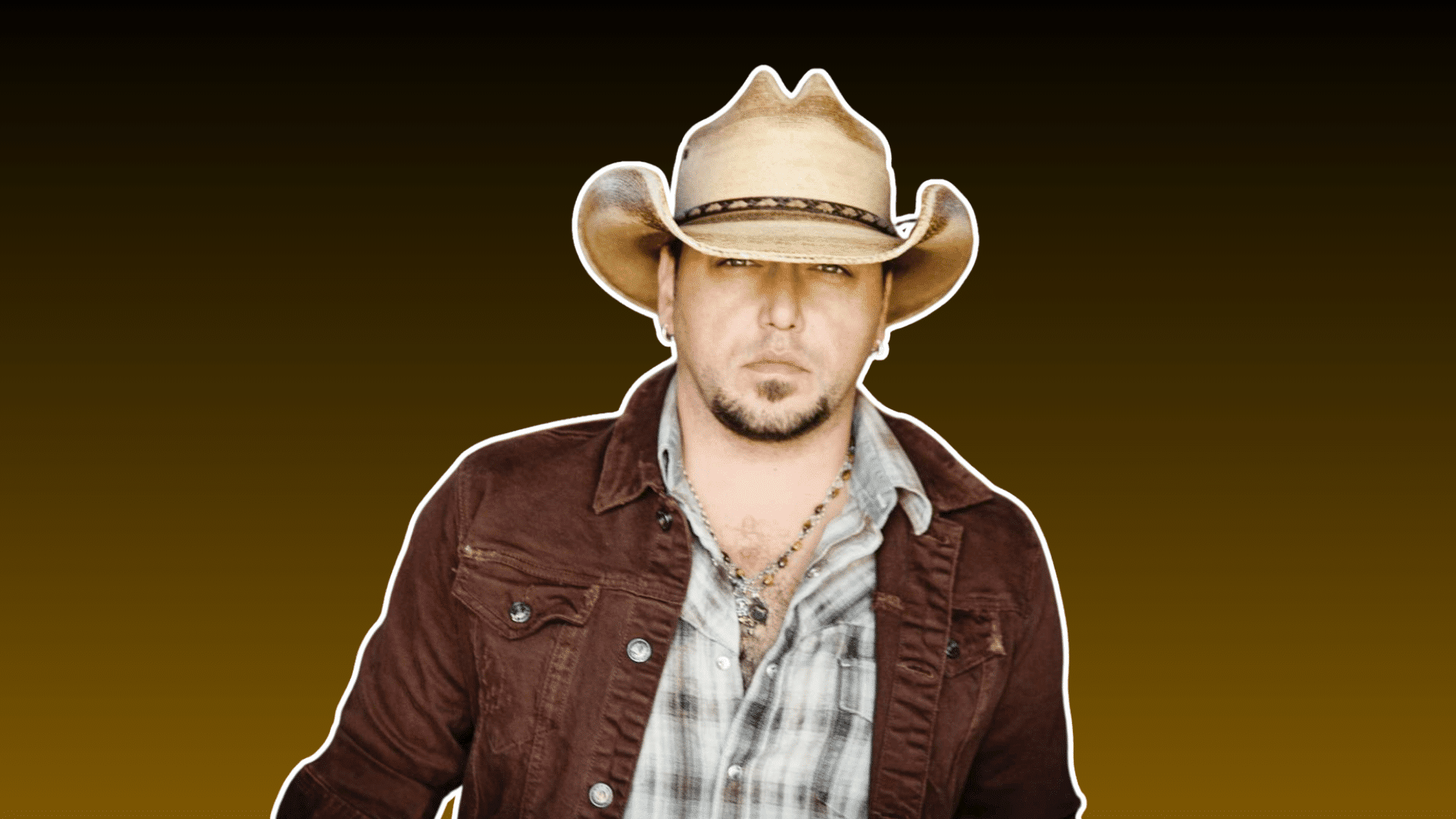man wearing a cowboy hat and brown jacket over a plaid shirt posing against a dark brown background