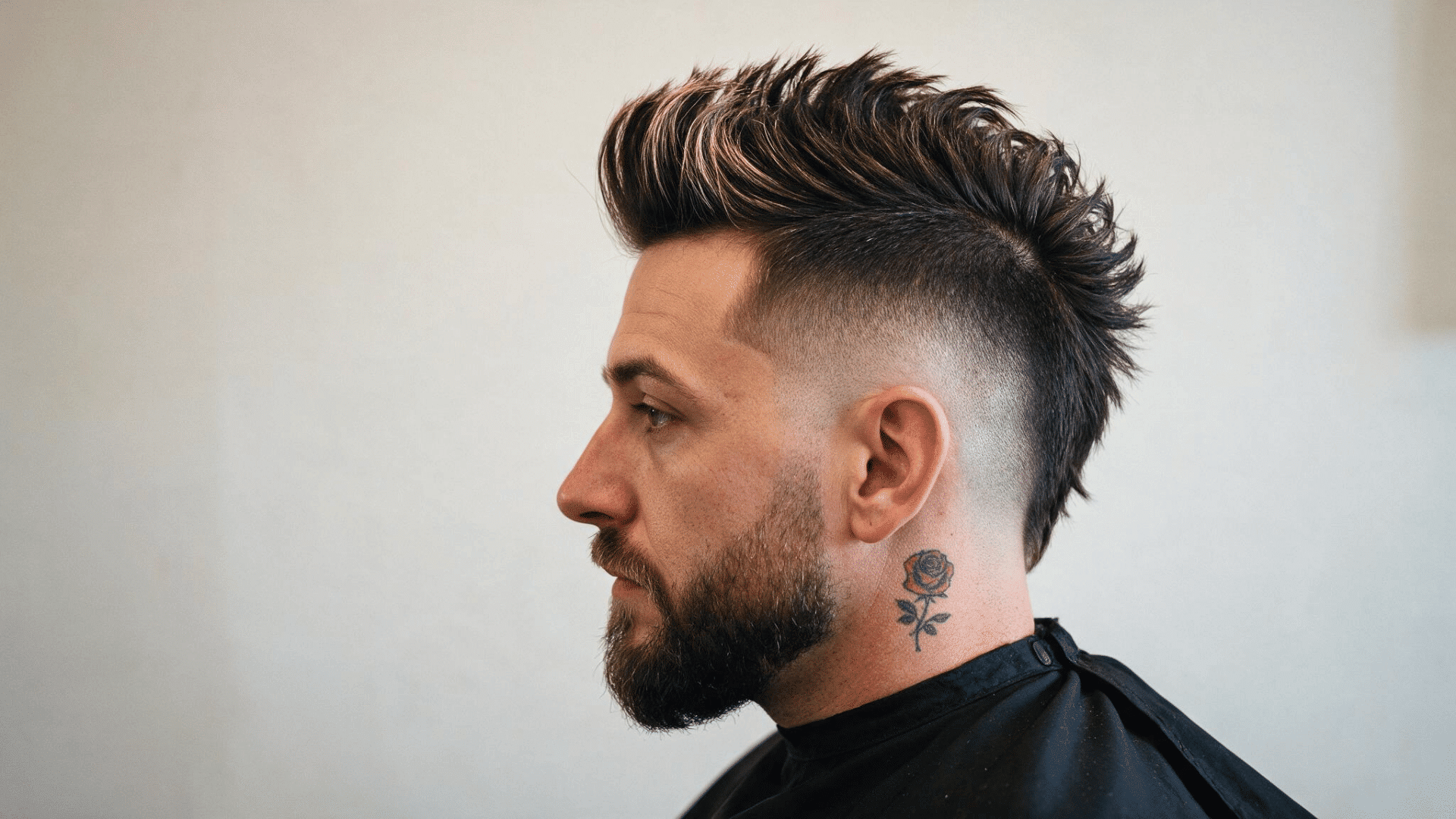man wearing a high fade mohawk with long spiked hair through the center and closely faded hair high along both sides