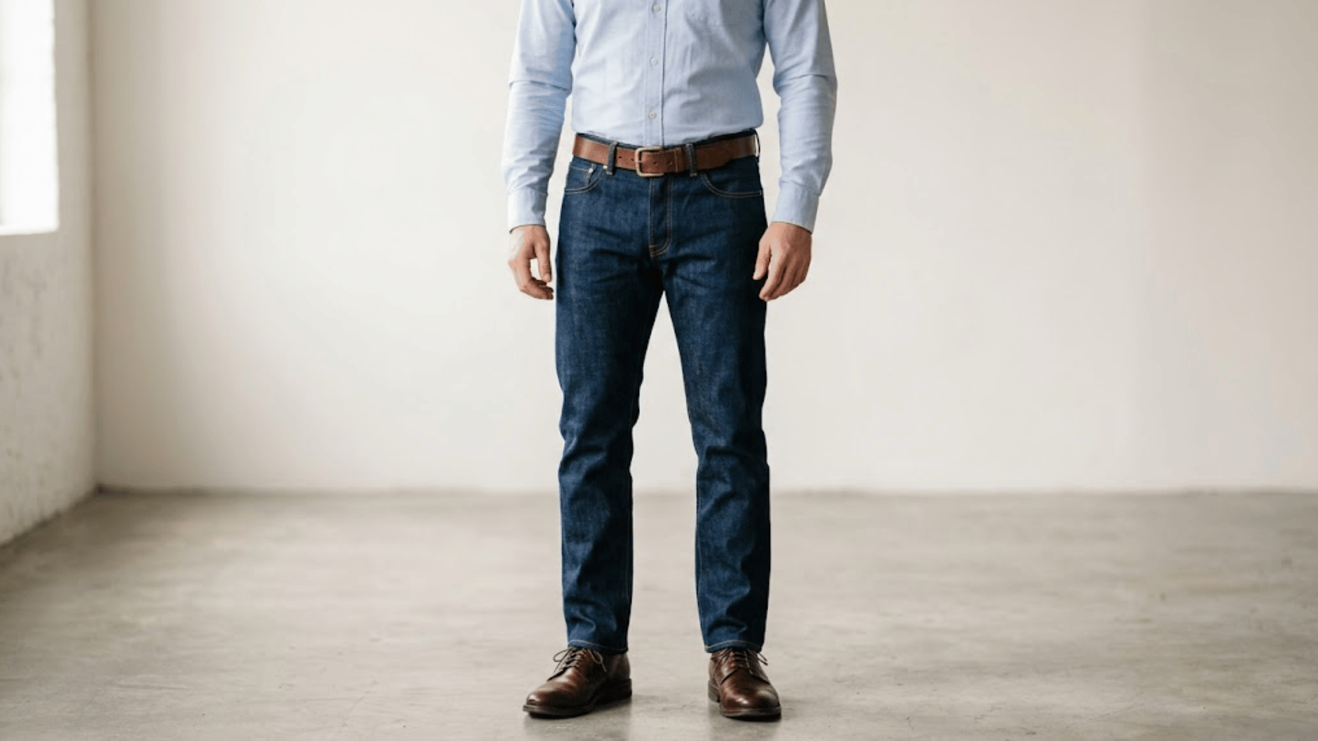 man wearing a light blue button-down shirt with dark jeans and a brown leather belt