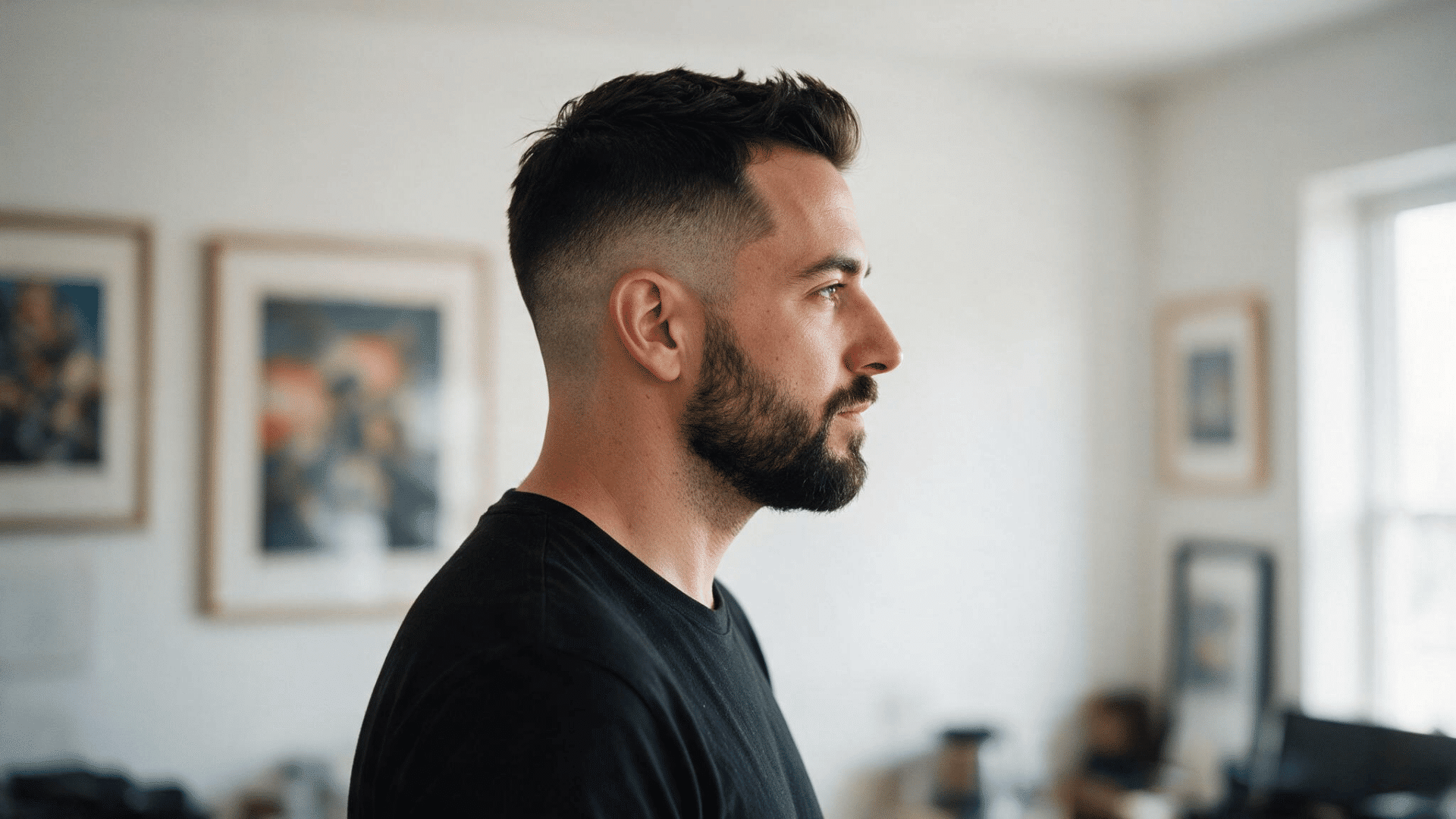 man wearing a low mohawk with longer dark hair on top and a gradual fade starting low around the ears and sides