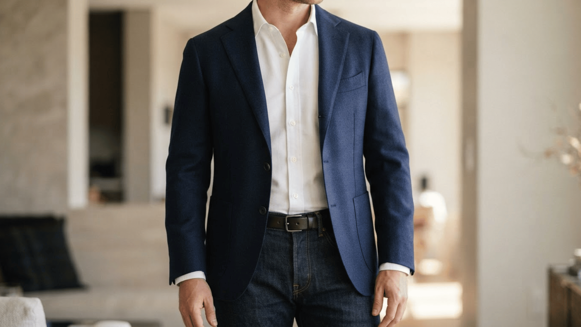 man wearing a navy blazer with a white shirt and dark-wash jeans