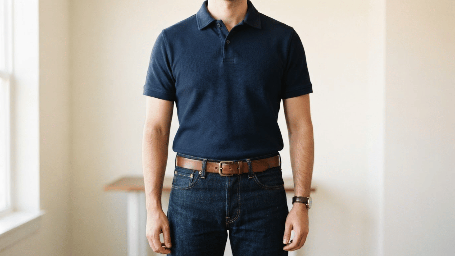 man wearing a navy polo shirt with dark straight-leg jeans and a brown leather belt