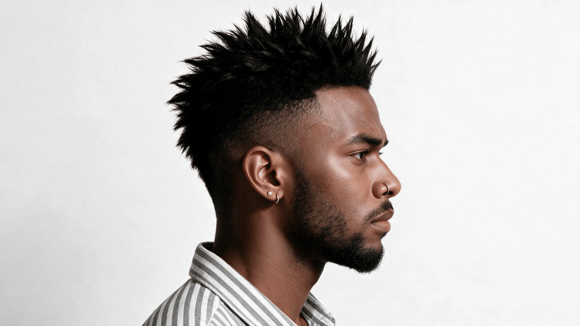 man wearing a spiky mohawk with sharp raised black spikes through the center and closely cropped hair along both sides