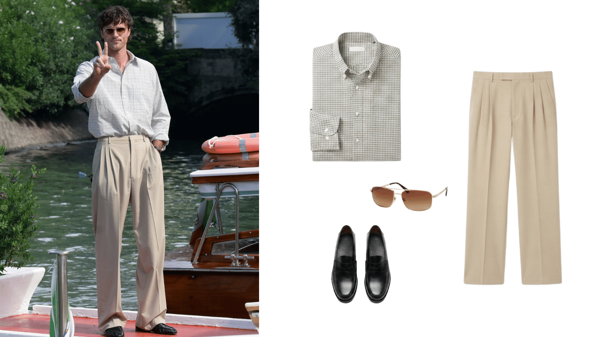 man wearing beige dress trousers with oxford shirt black loafers and sunglasses beside matching outfit pieces