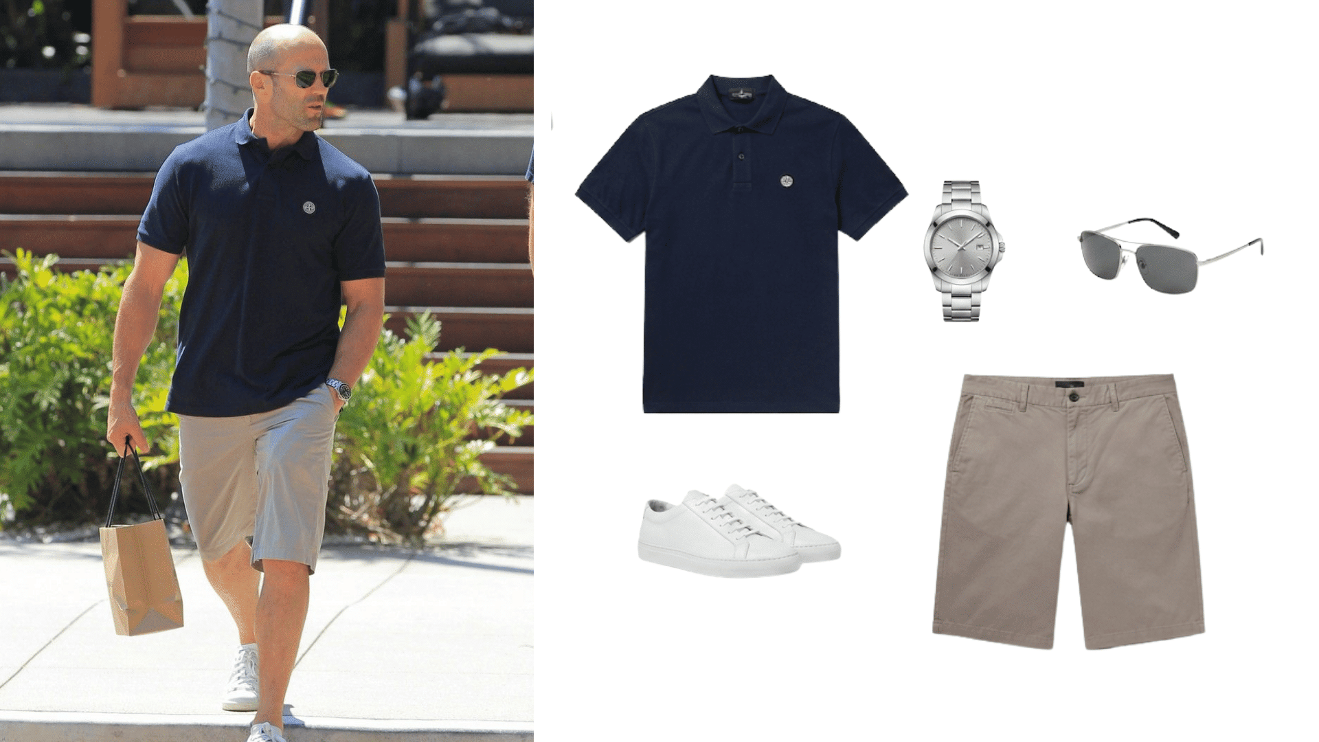 man wearing beige shorts with navy polo shirt white sneakers watch and sunglasses beside matching outfit pieces