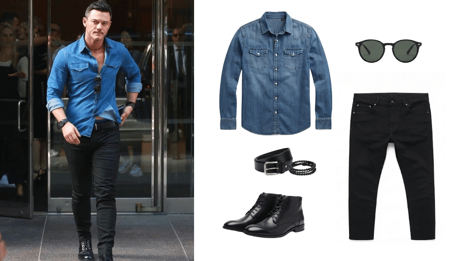 man wearing black jeans with blue button down shirt black boots belt bracelets and sunglasses beside matching outfit pieces