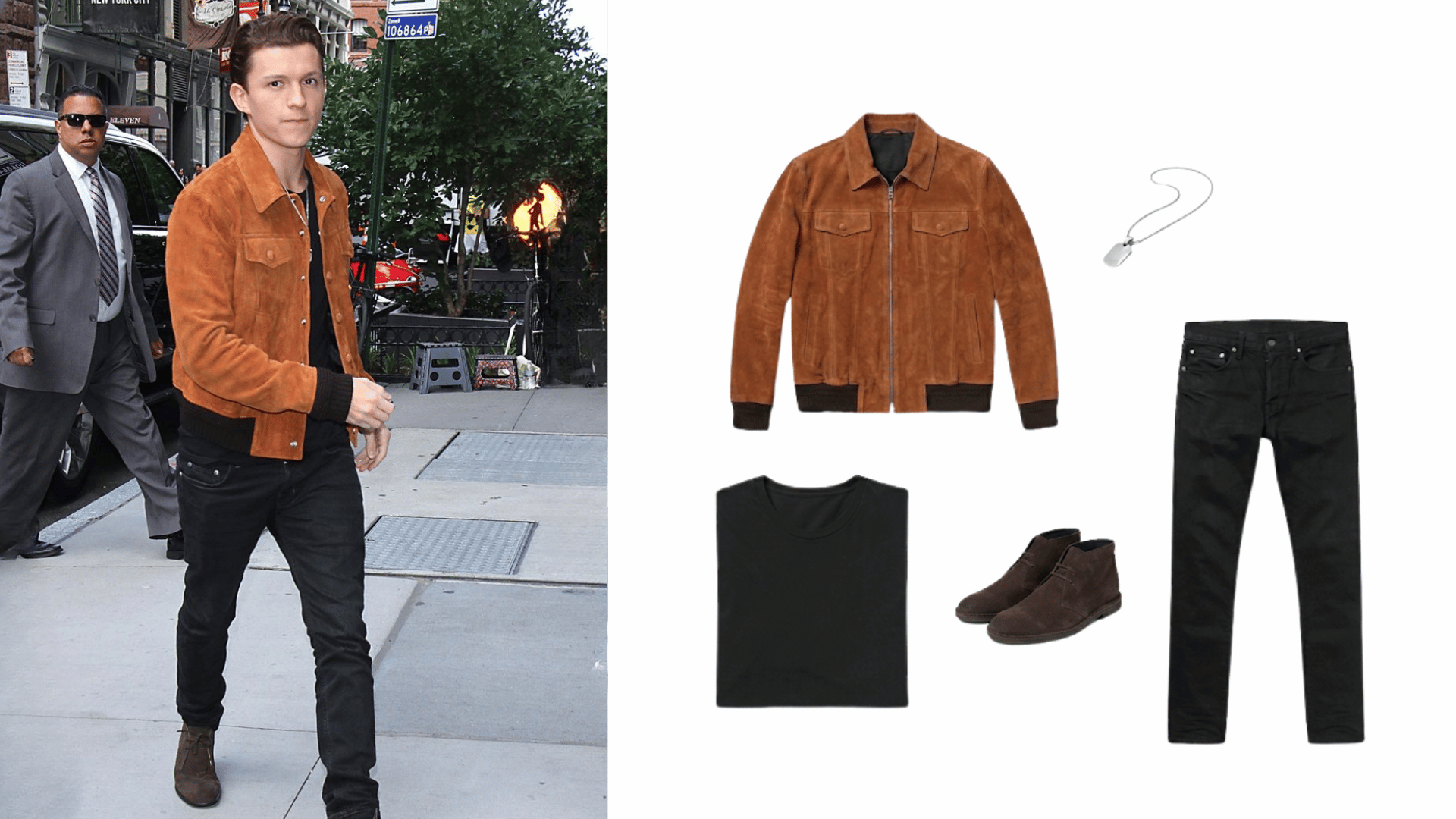 man wearing black jeans with brown suede jacket black shirt brown boots and necklace beside matching outfit pieces