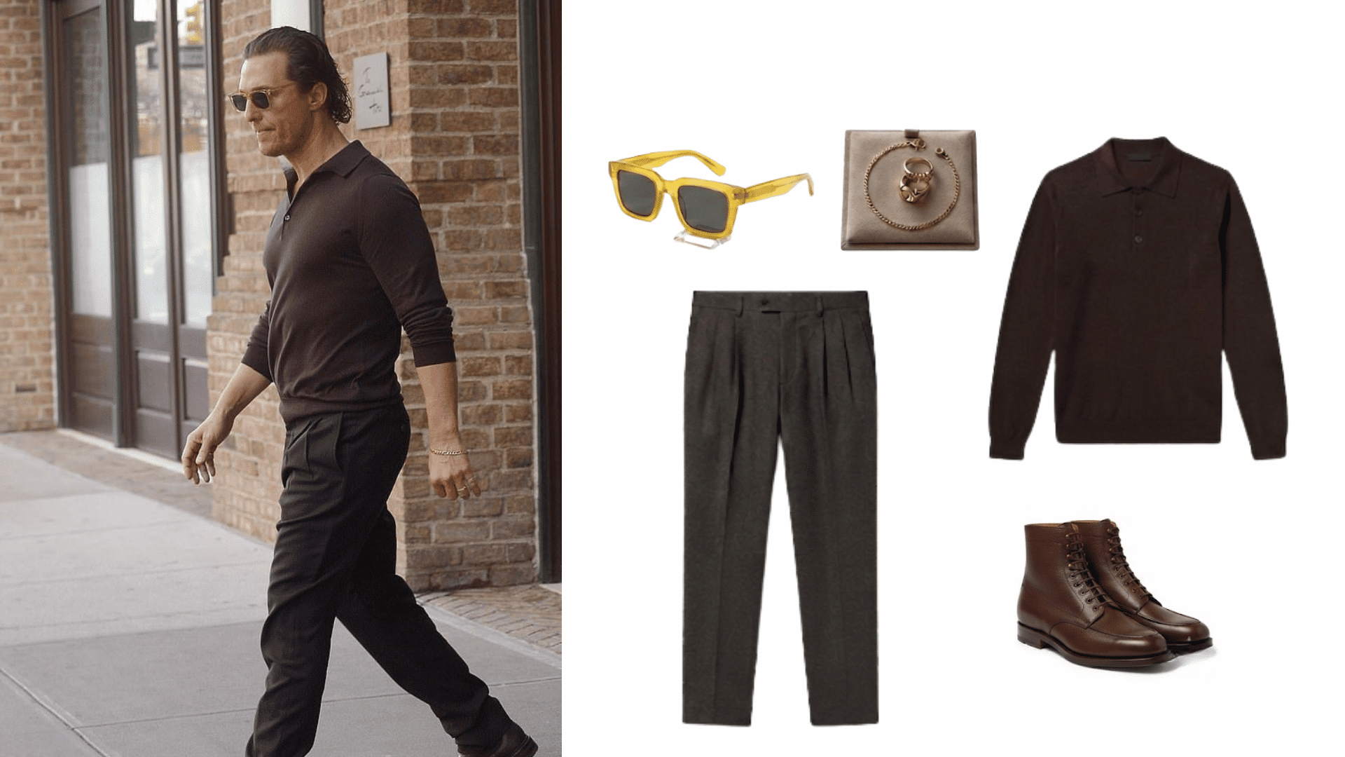 man wearing black polo with trousers and boots showing a refined monochrome smart casual outfit with accessories