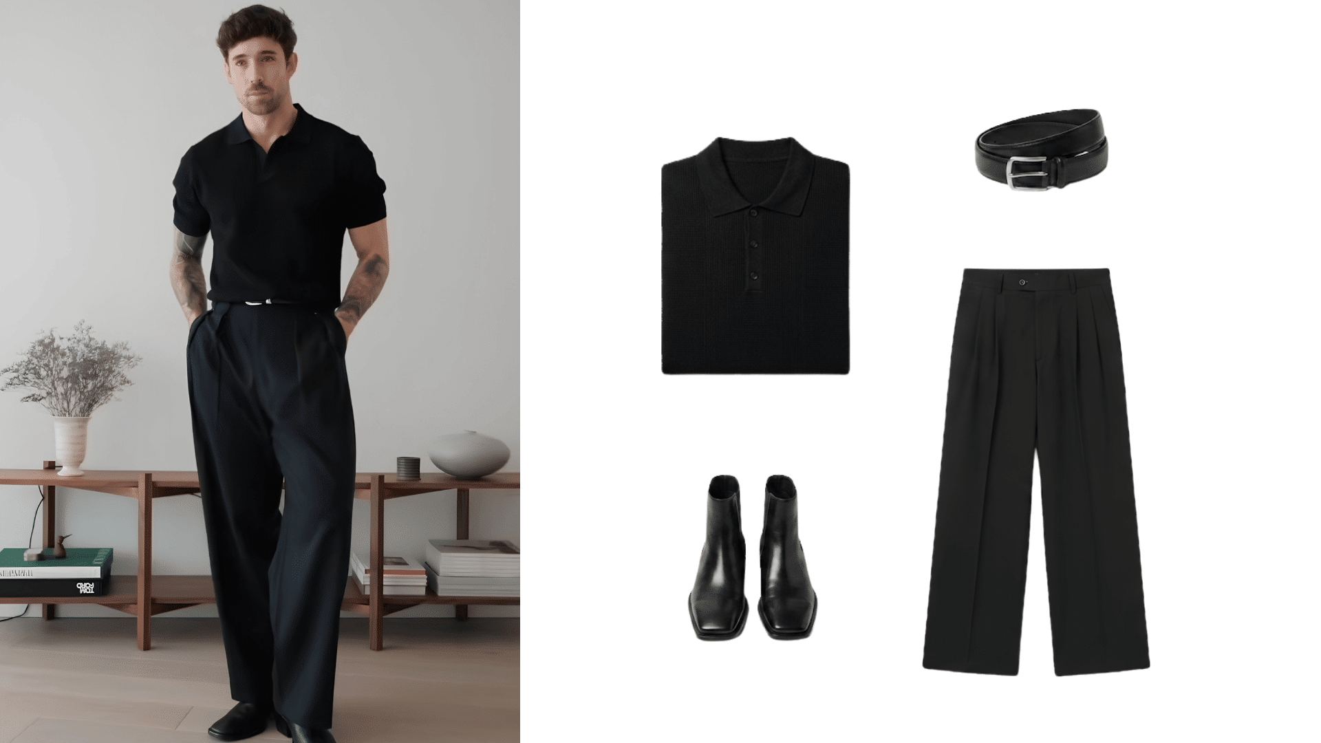 man wearing black tailored trousers with black polo shirt leather belt and boots beside matching outfit pieces