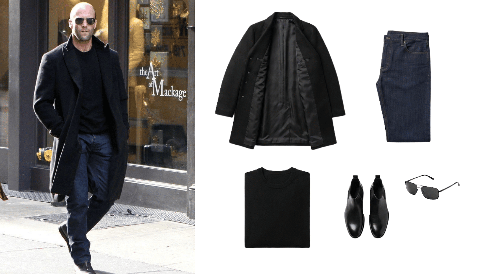 man wearing dark jeans black blazer black shirt boots and sunglasses beside matching smart casual outfit pieces