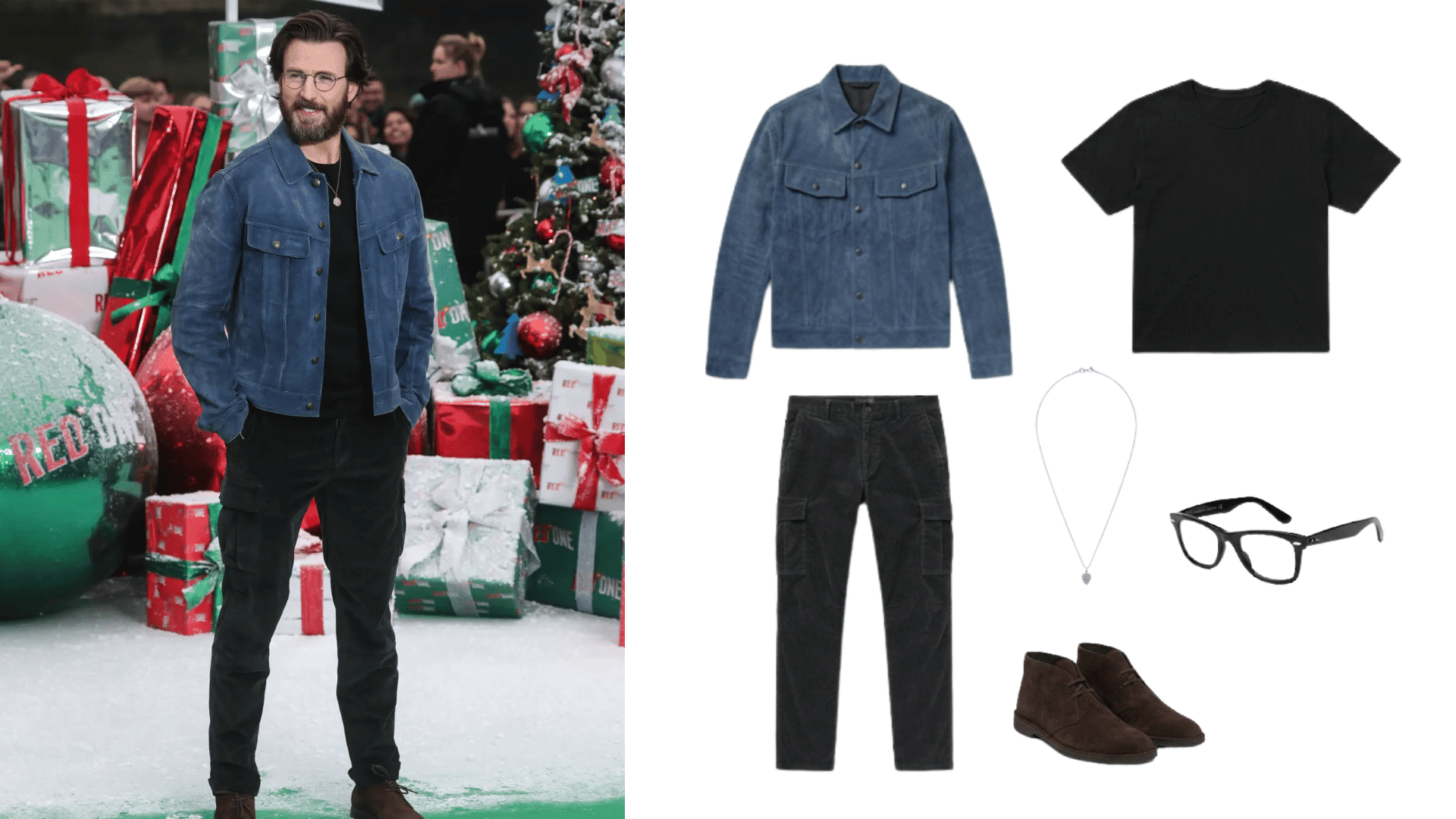 man wearing dark jeans blue lightweight jacket black shirt brown boots glasses and necklace beside matching outfit pieces