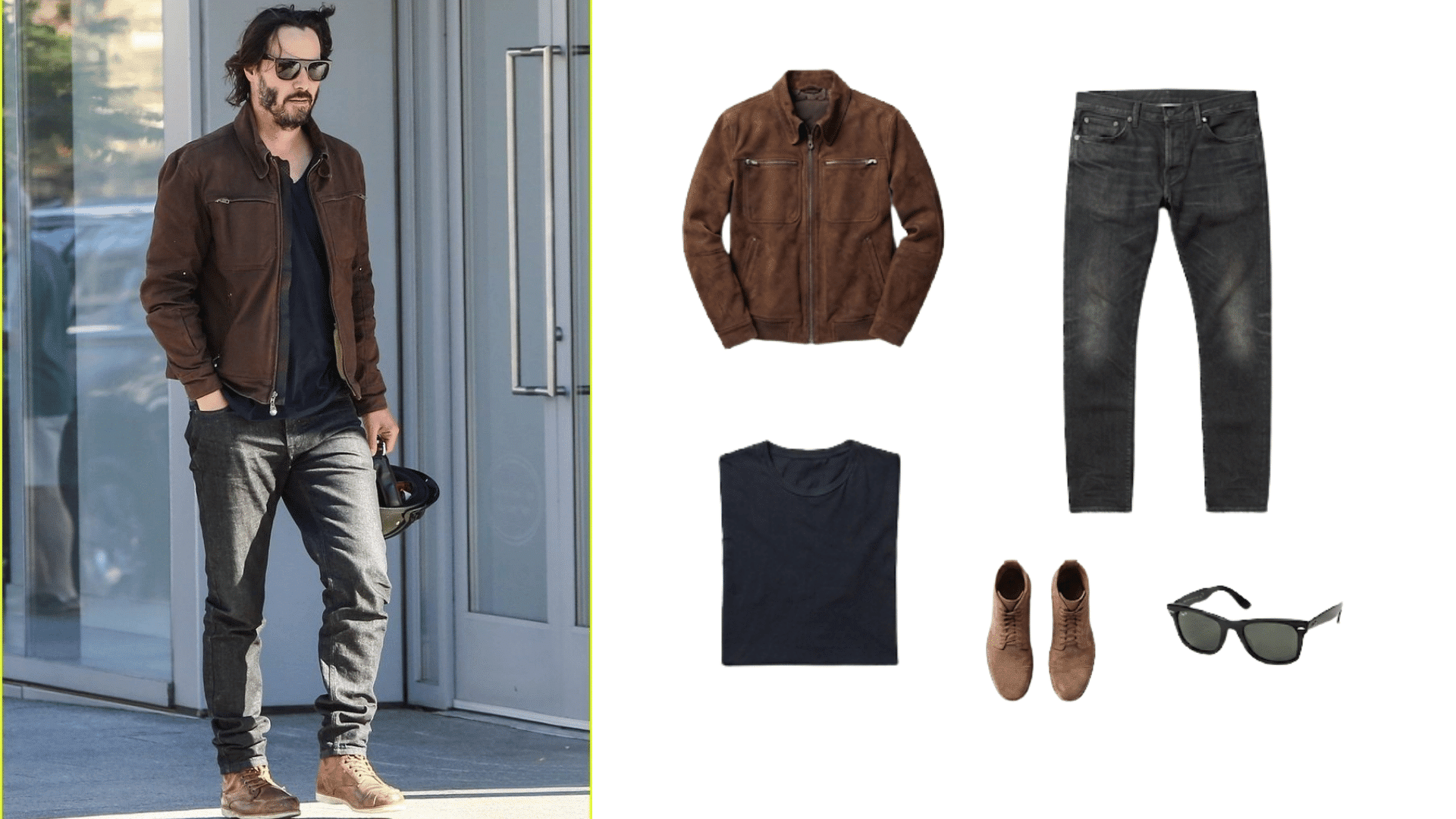 man wearing dark jeans with navy oxford shirt black boots and sunglasses beside matching outfit pieces