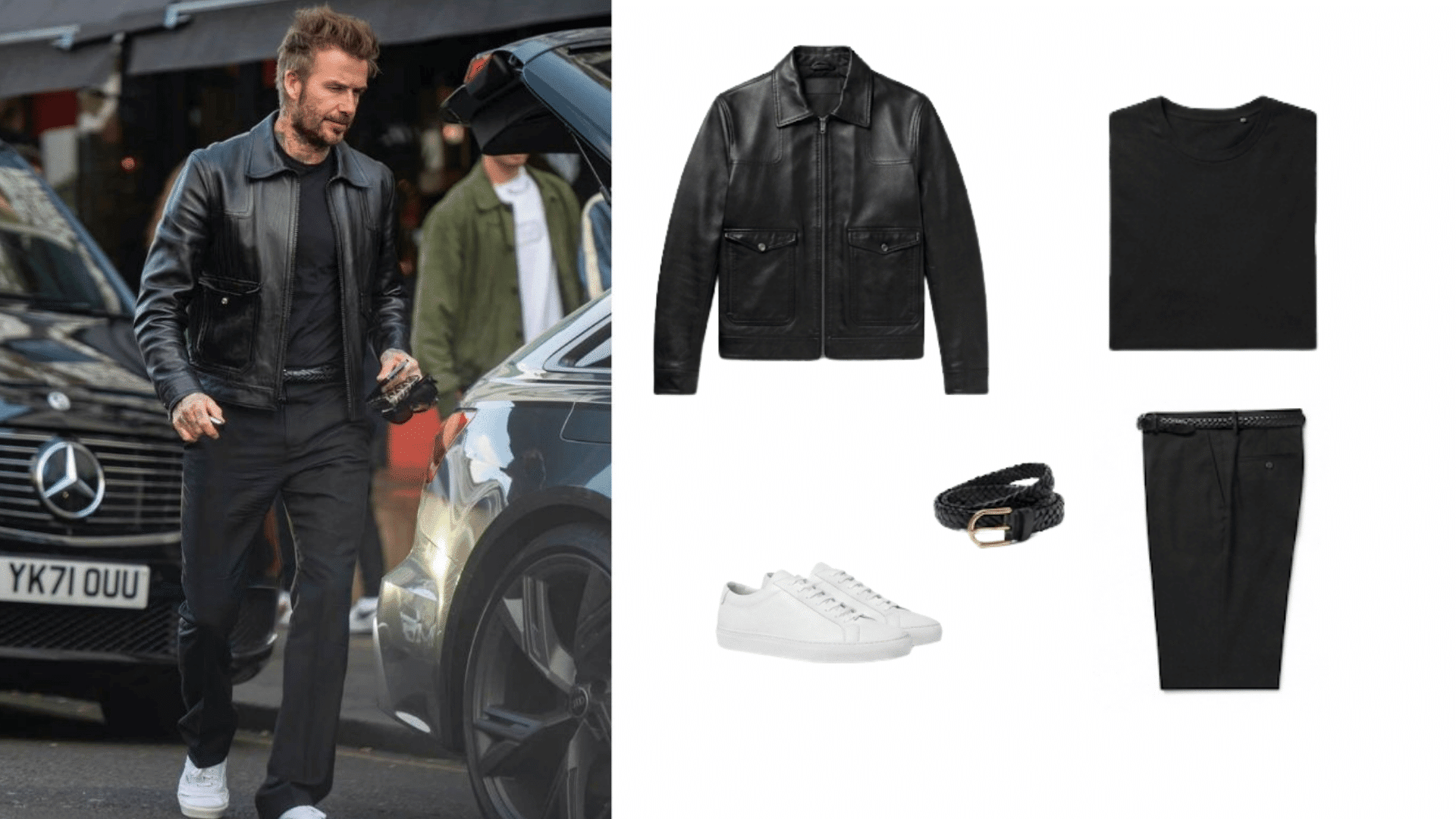 man wearing dark trousers with black leather jacket black shirt white sneakers and belt beside matching outfit pieces