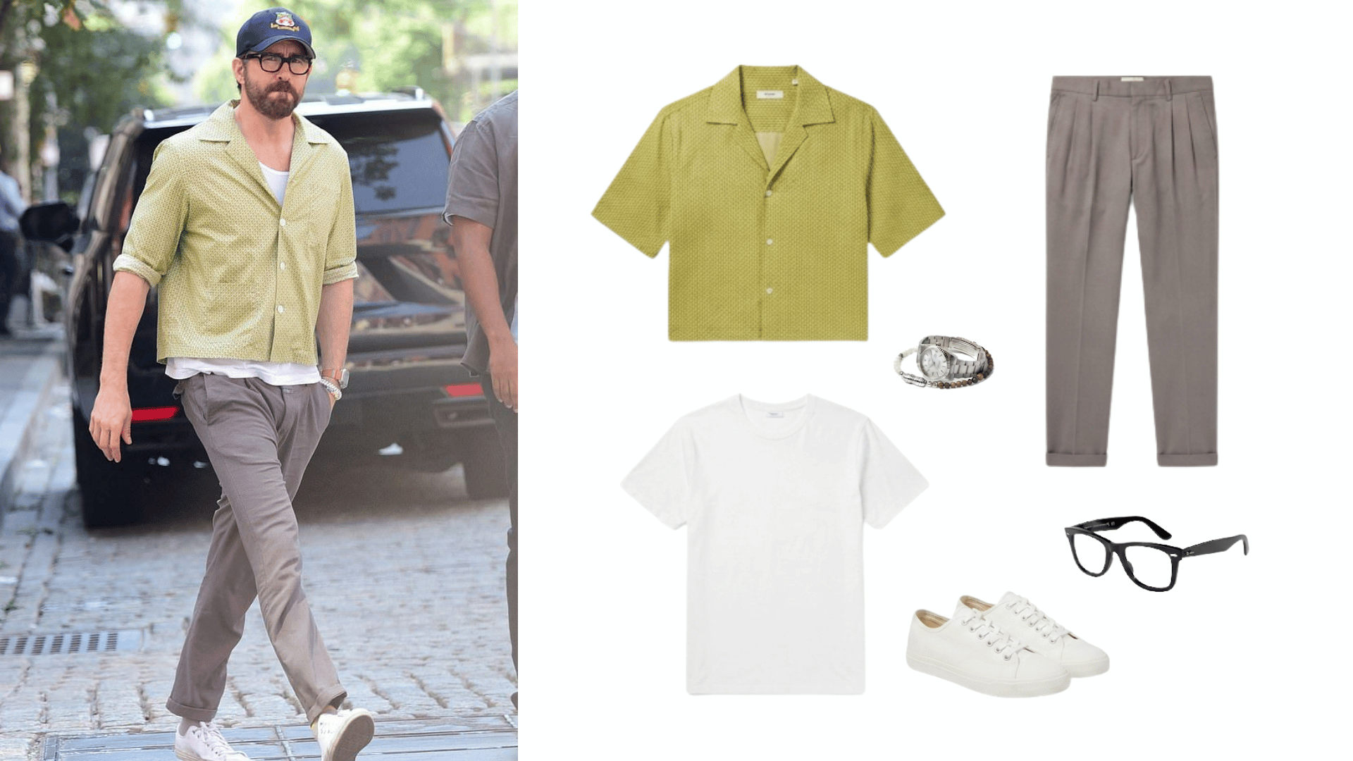 man wearing gray chinos with green casual shirt white tee sneakers cap watch and glasses beside matching outfit pieces