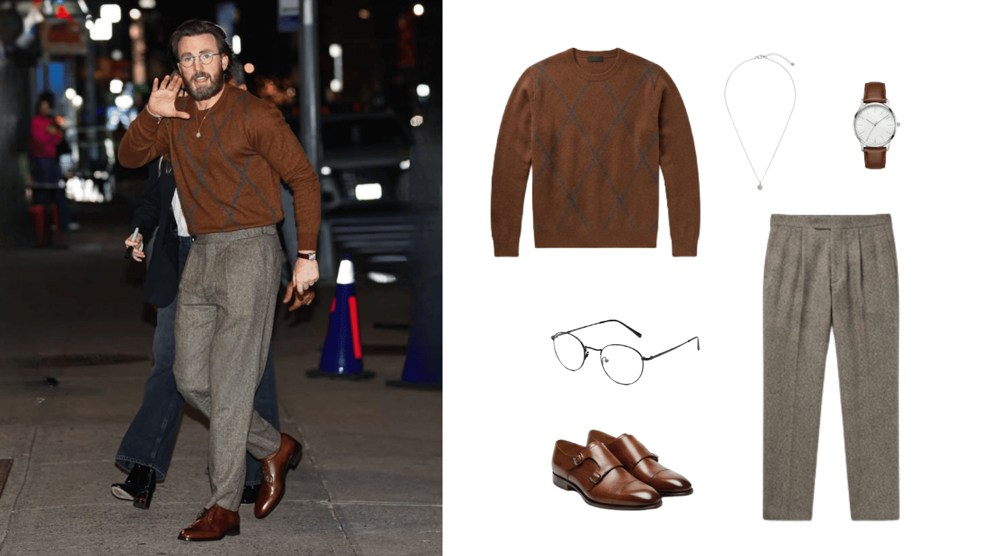man wearing gray corduroy pants with brown crewneck sweater leather shoes glasses watch and necklace beside matching outfit pieces