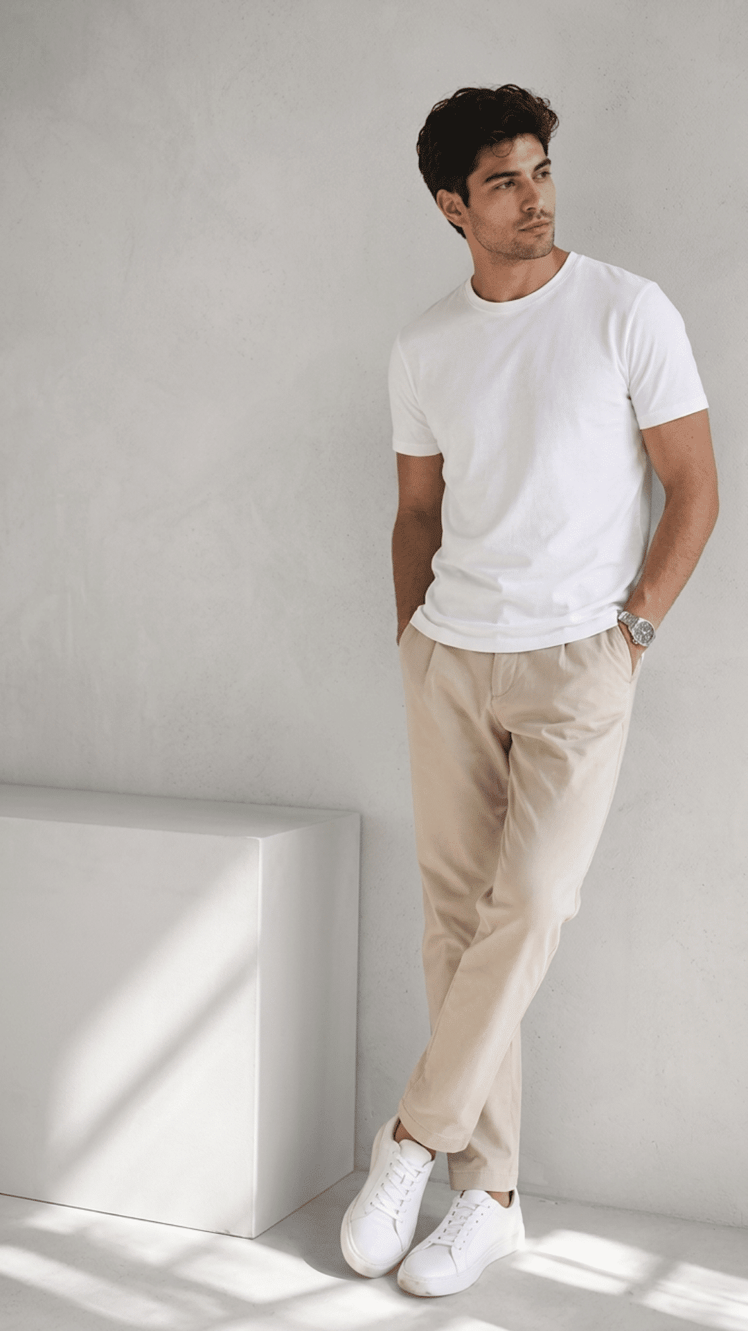 man wearing khaki chinos with a white t shirt and clean sneakers for a relaxed casual everyday outfit