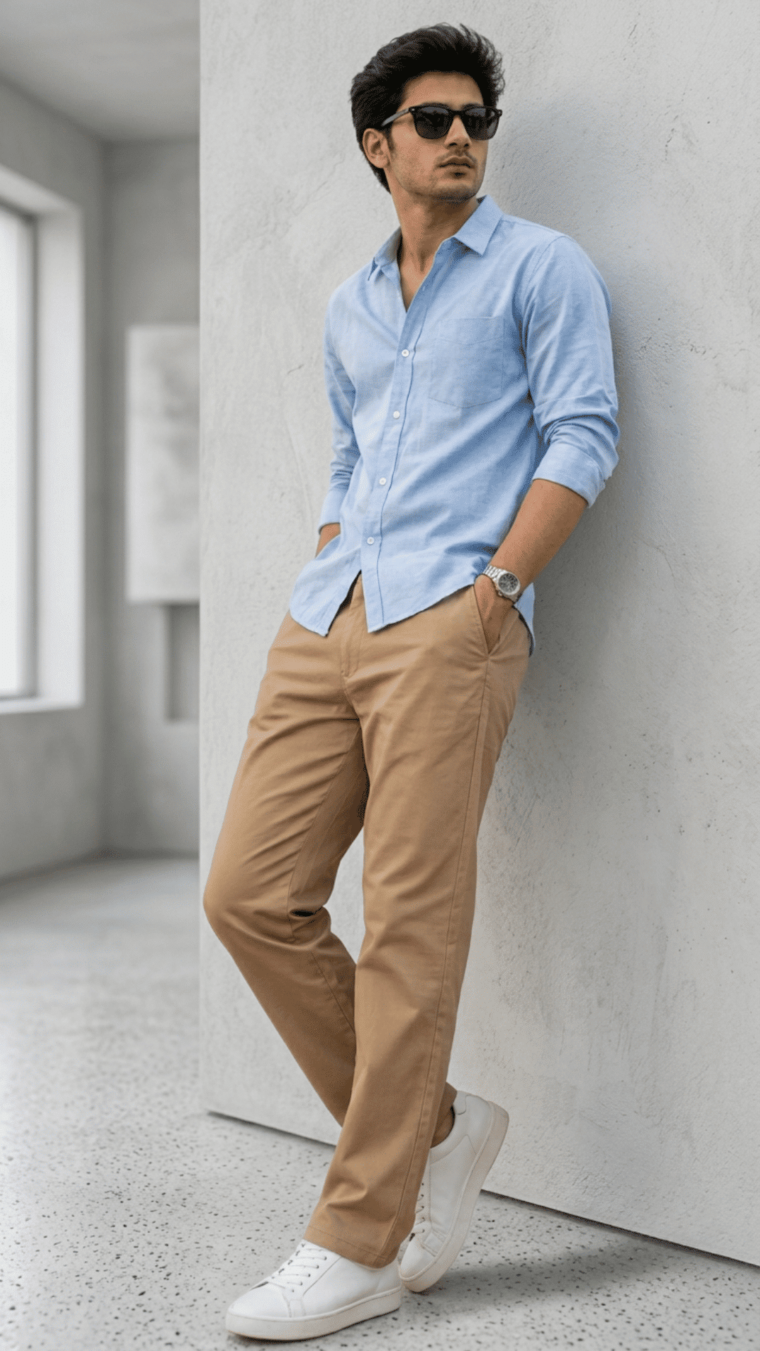 man wearing khaki trousers with a light blue shirt and brown shoes for an easy business casual outfit