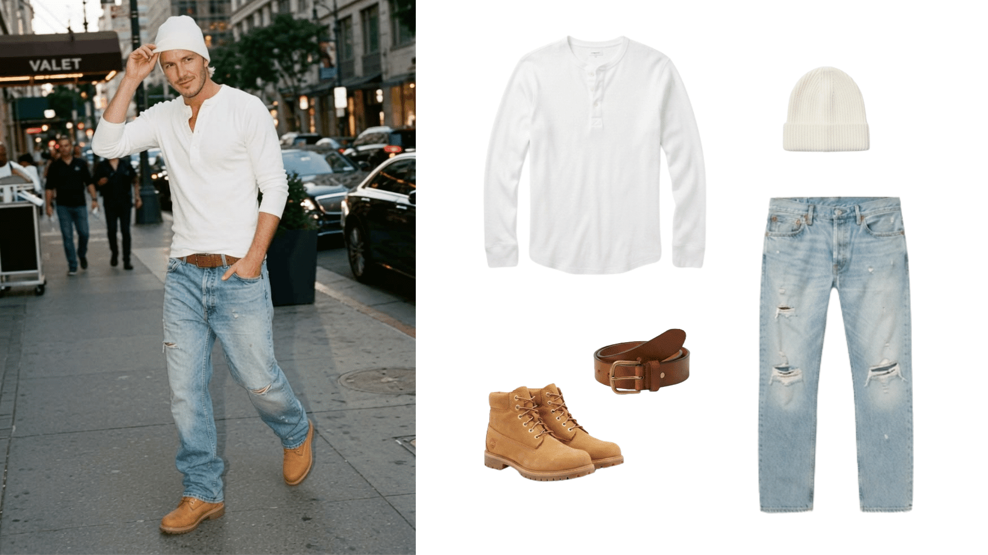 man wearing light blue jeans with white henley shirt tan boots brown belt and white beanie beside matching outfit pieces
