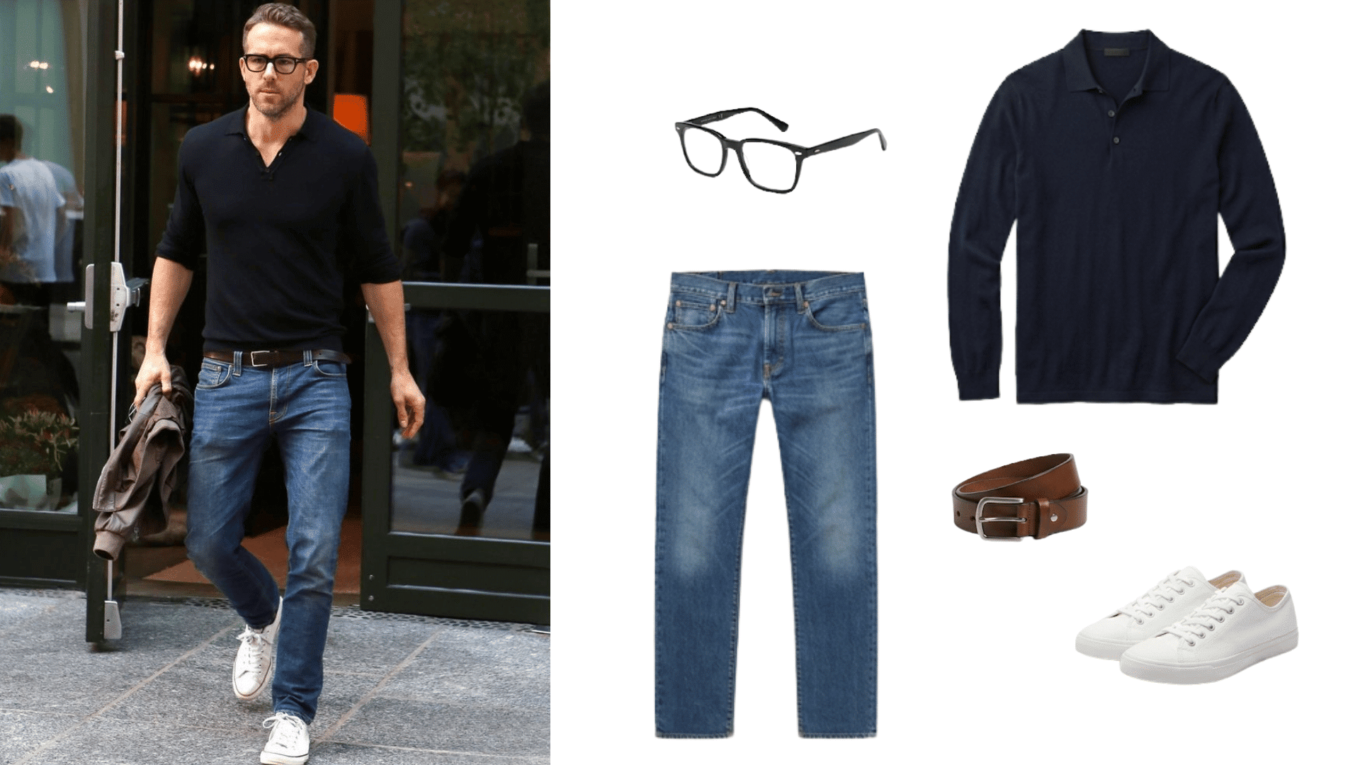 man wearing navy polo with blue jeans and white sneakers showing a casual smart outfit with accessories
