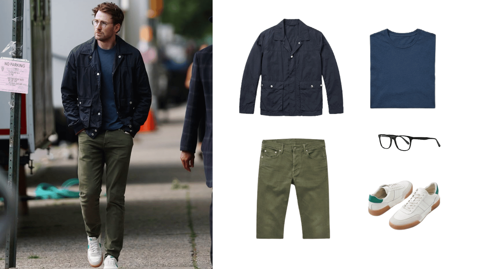 man wearing olive pants navy overshirt blue t shirt white sneakers and glasses beside matching casual outfit pieces