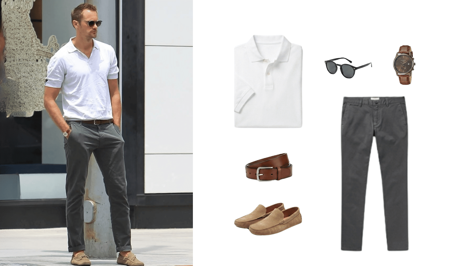 man wearing white polo with gray chinos and accessories showing a smart casual outfit combination with loafers and watch