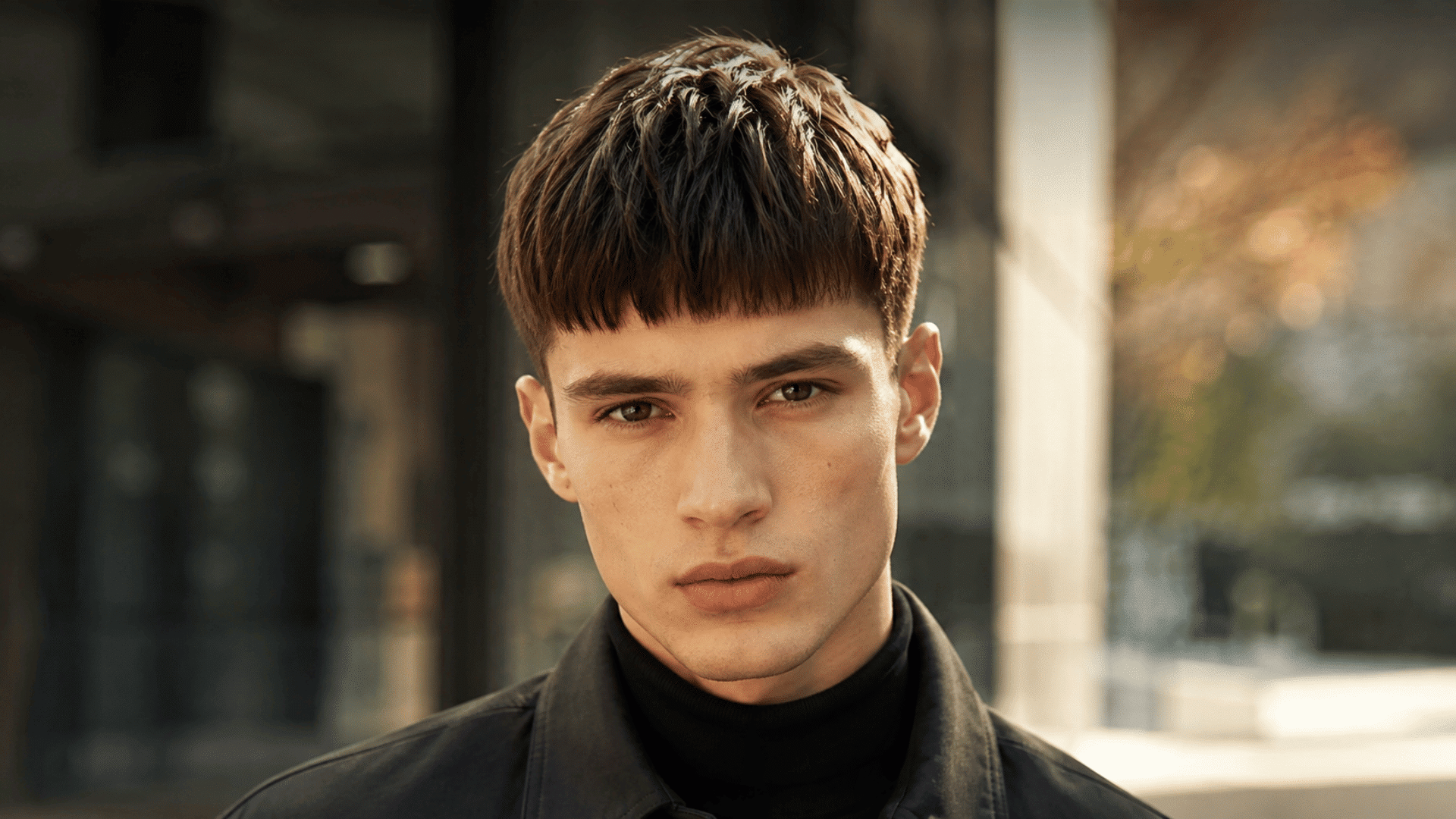 man with bowl cut hairstyle and textured fringe standing outdoors with blurred background