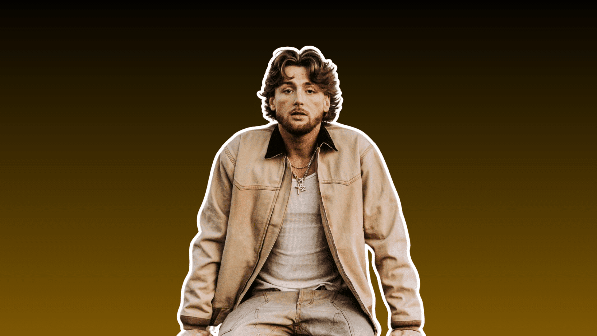 man with wavy hair and beard wearing a beige jacket and layered necklaces against a dark brown background