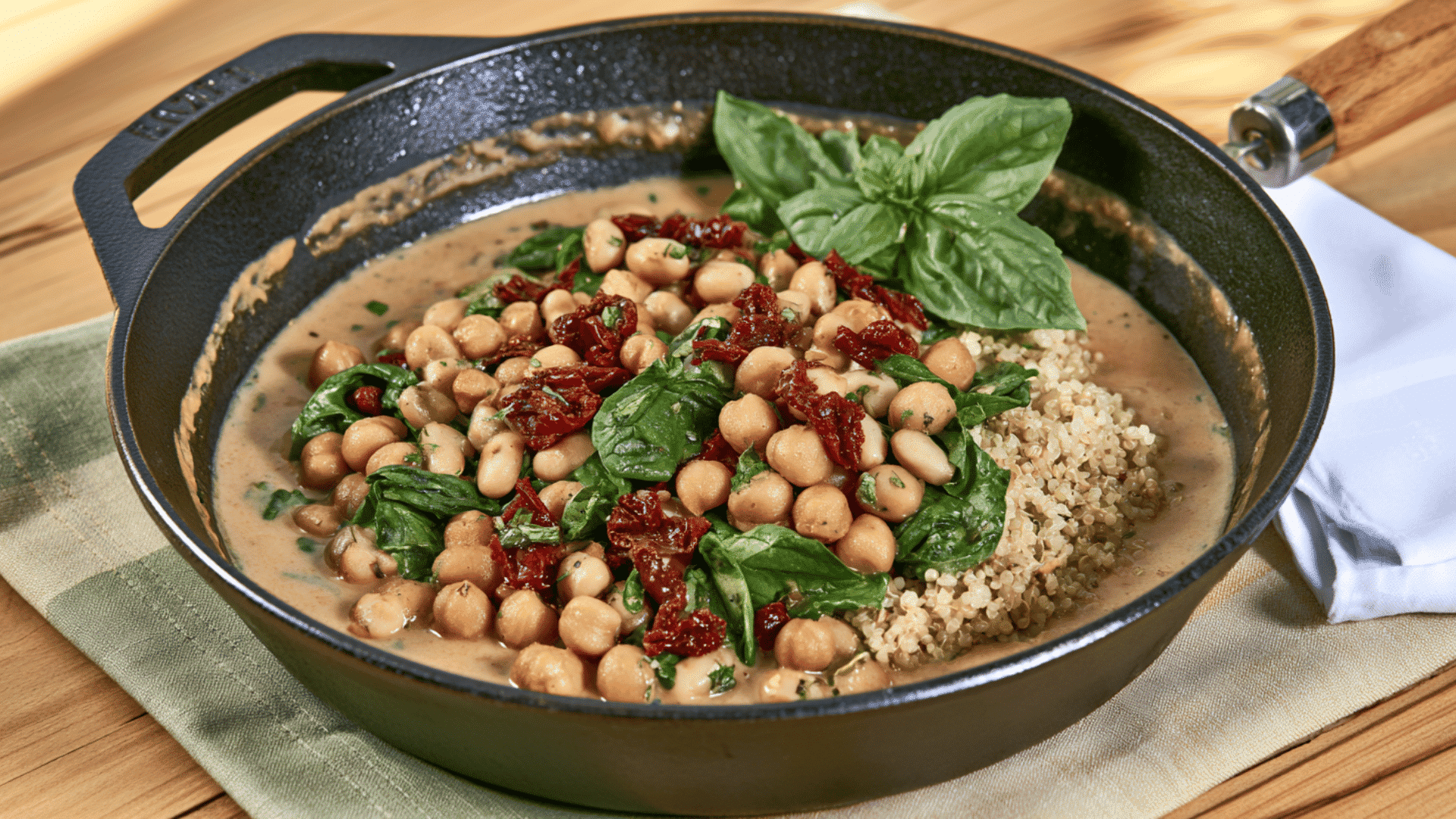 marry me chickpeas and white beans in creamy sun dried tomato sauce with spinach and herbs