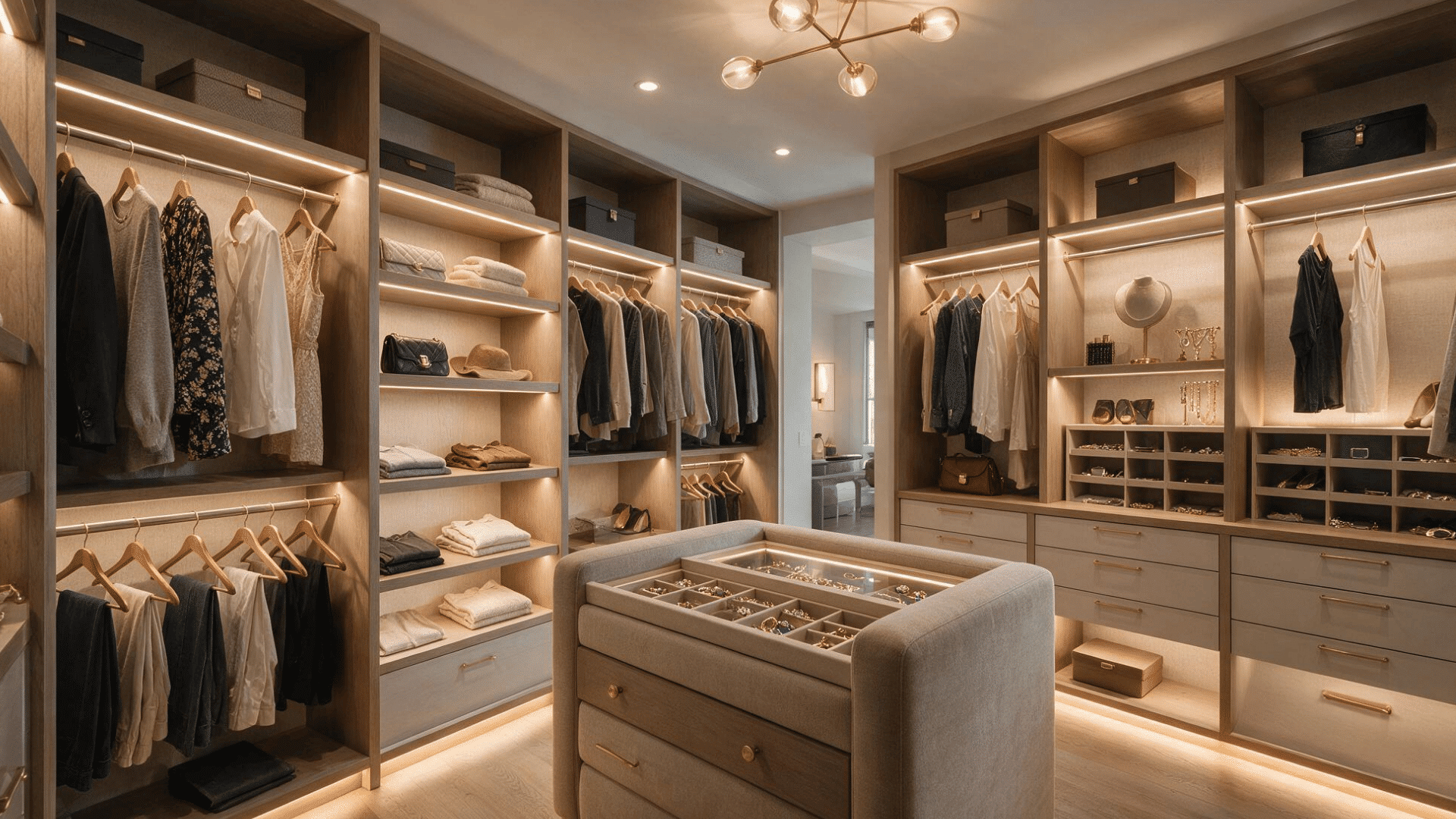 master closet with LED lighting and illuminated storage