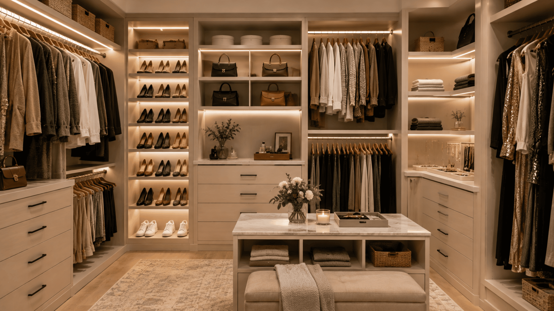 master closet with separate organized storage zones