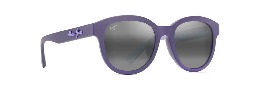 Purple round sunglasses with dark lenses on white background