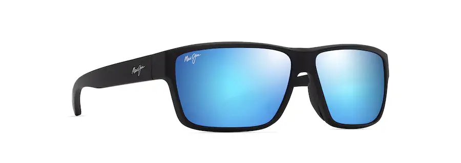 Black sunglasses with blue mirrored lenses on a white background