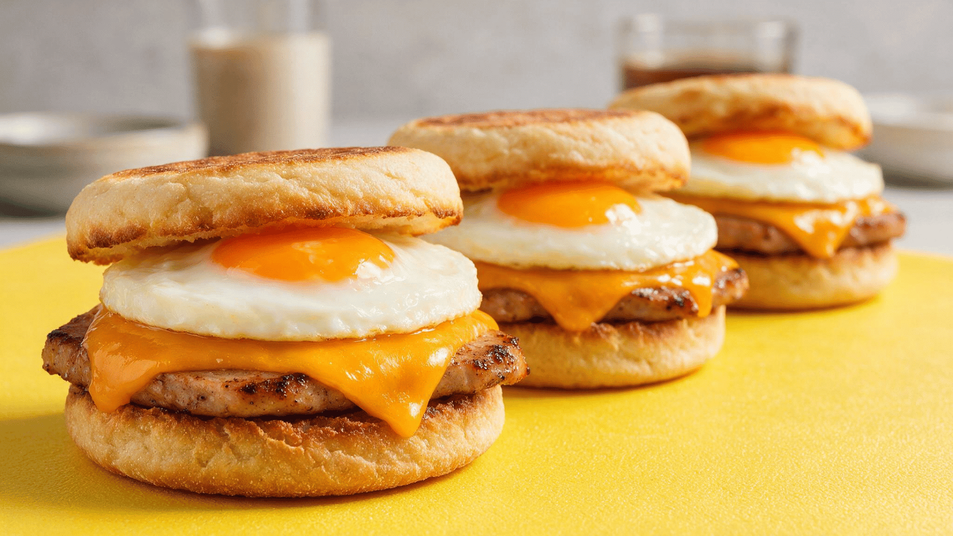mcdonald’s-style breakfast sandwiches with egg, cheese, and sausage on toasted English muffins.