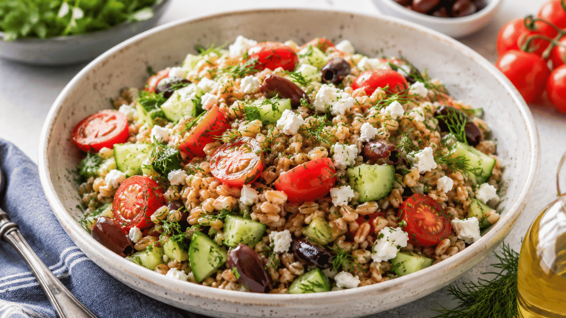 Mediterranean farro salad with cherry tomatoes, cucumber, olives, feta, and herbs on a turquoise plate.