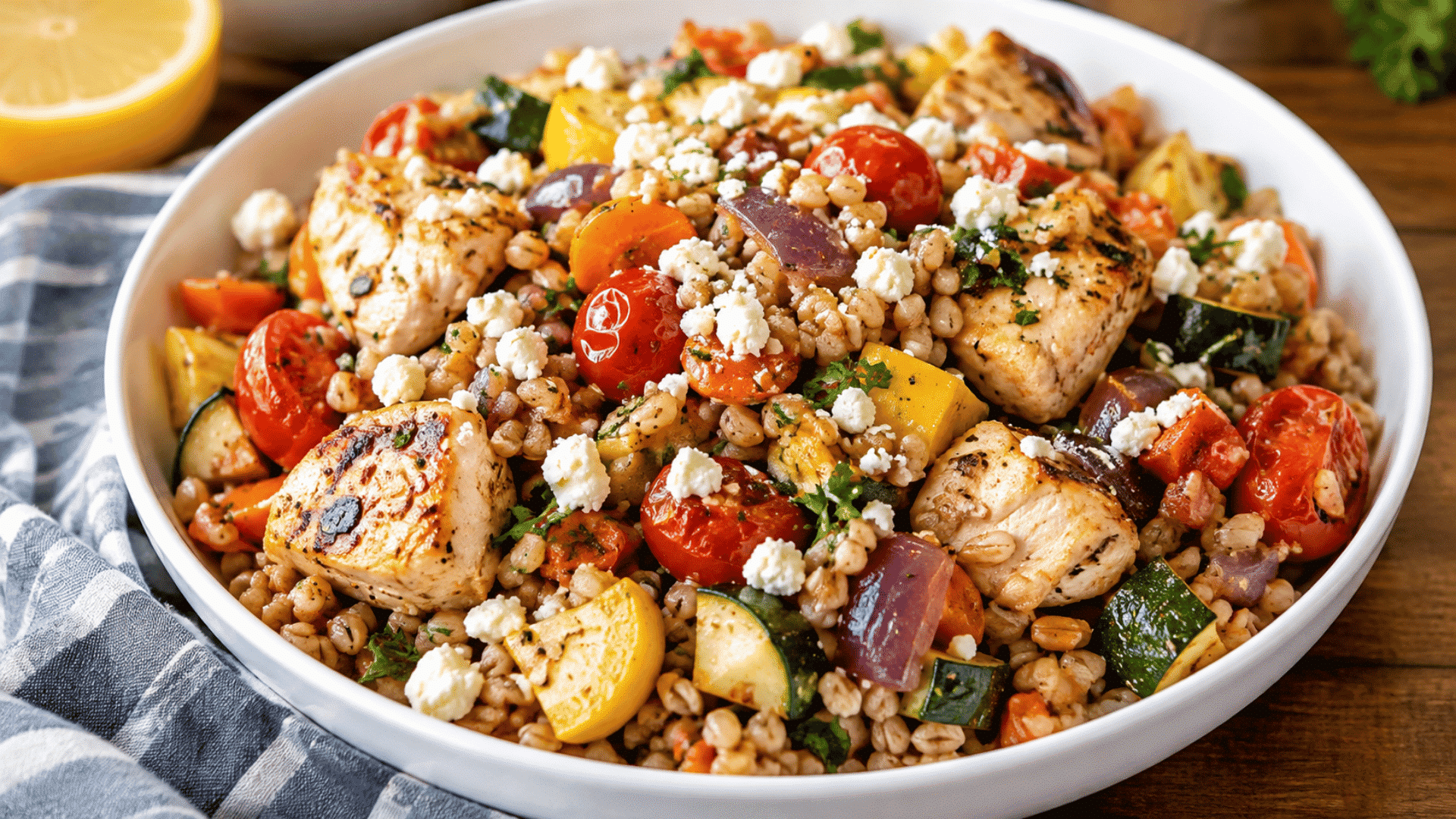 mediterrannean barley salad with roasted vegetables in a bowl