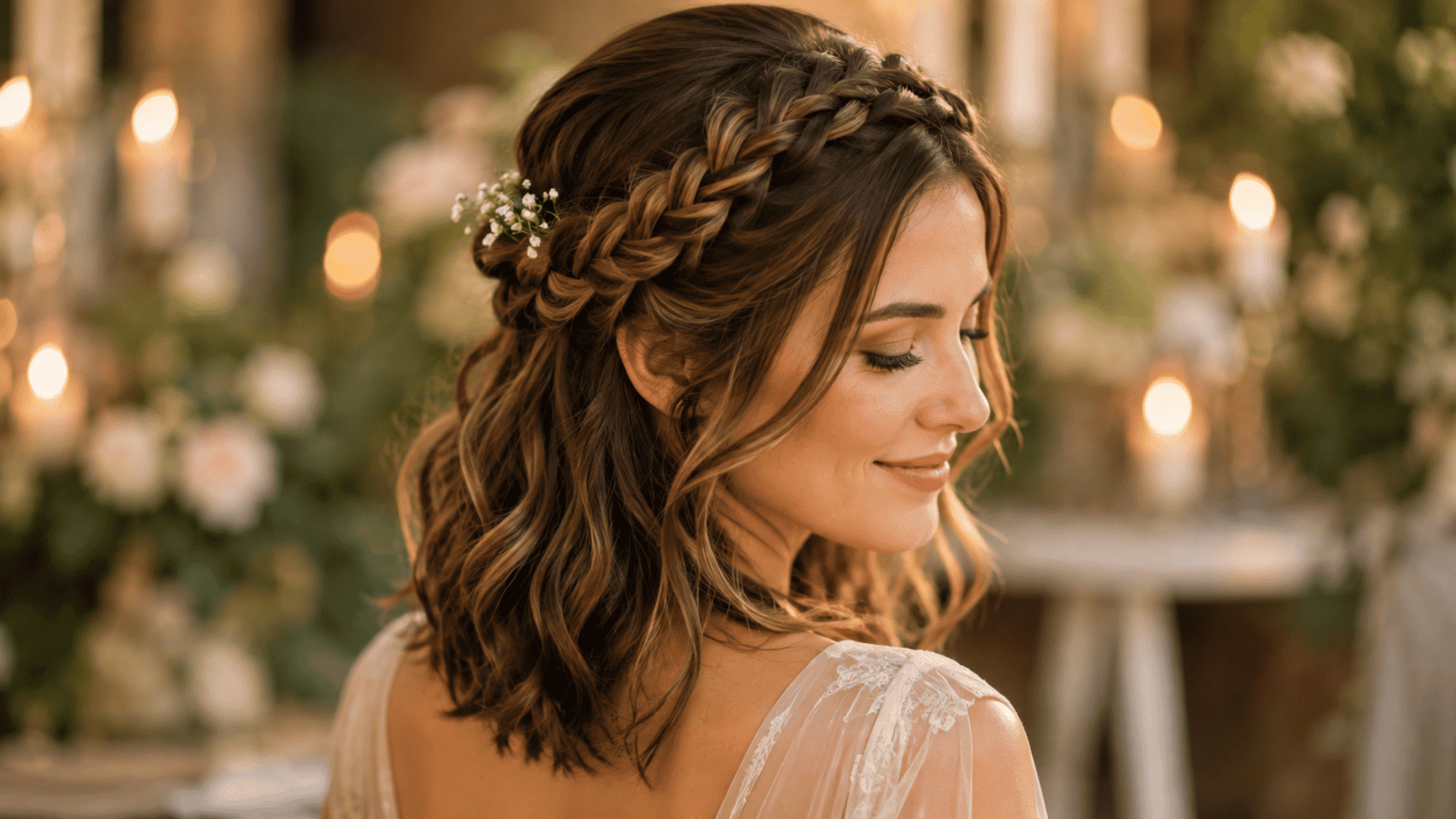 medium length hair styled with braided crown hairstyle for romantic wedding bridesmaid look