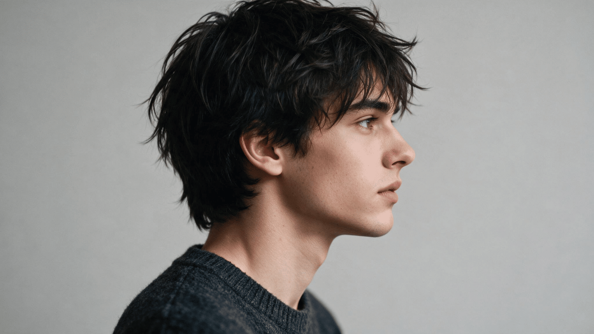 medium length shag haircut with layered dark hair soft fringe and textured ends creating a casual hairstyle for men