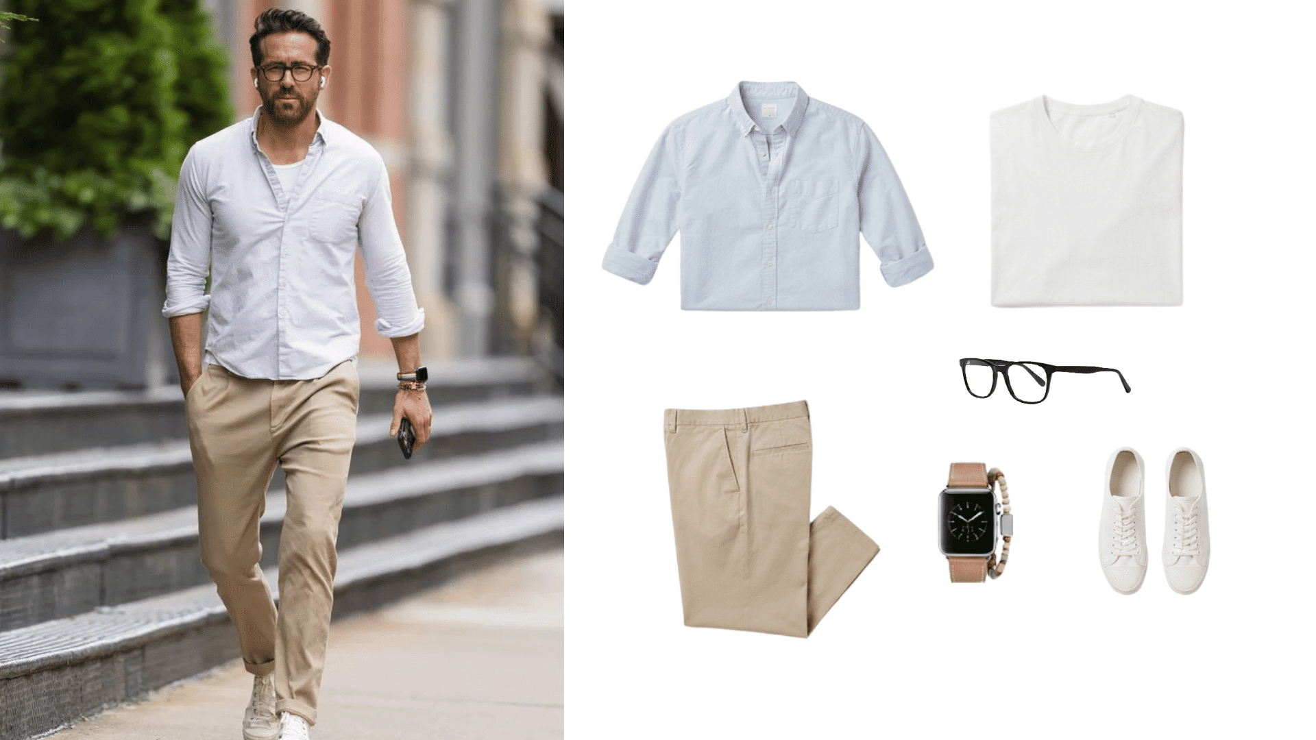 men wearing beige chinos with light oxford shirt white sneakers watch and matching casual outfit pieces