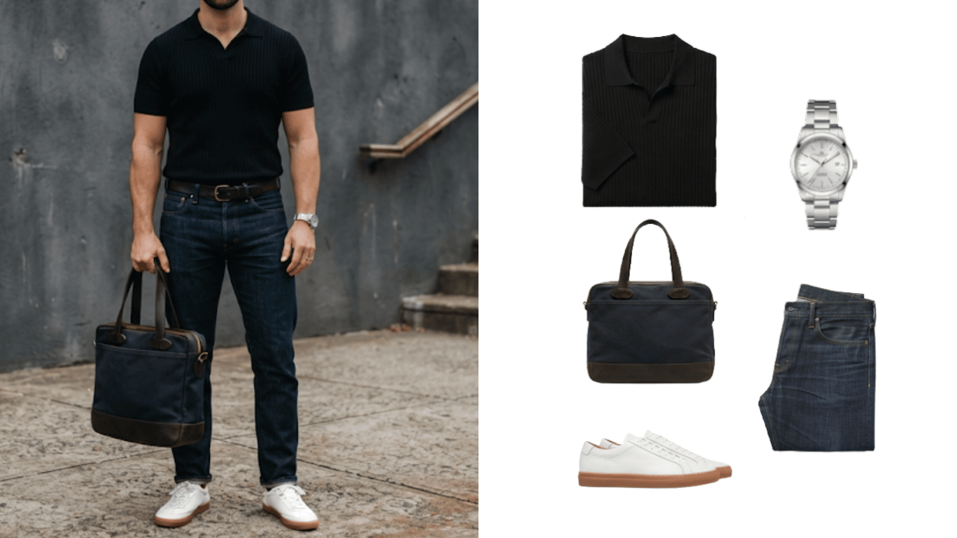 men wearing dark jeans with black polo shirt white sneakers watch and navy bag beside matching outfit pieces