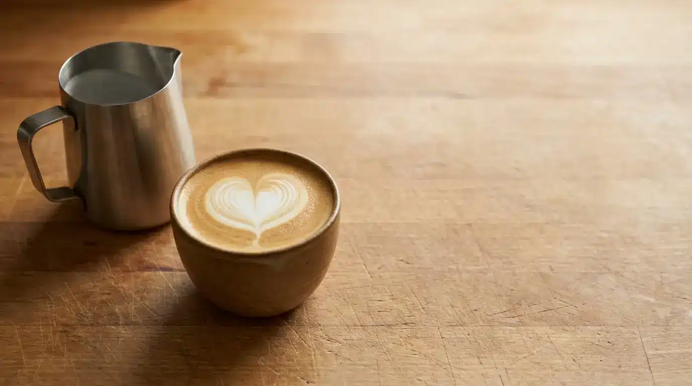 Latte with heart-shaped foam and metal pitcher on wooden surface