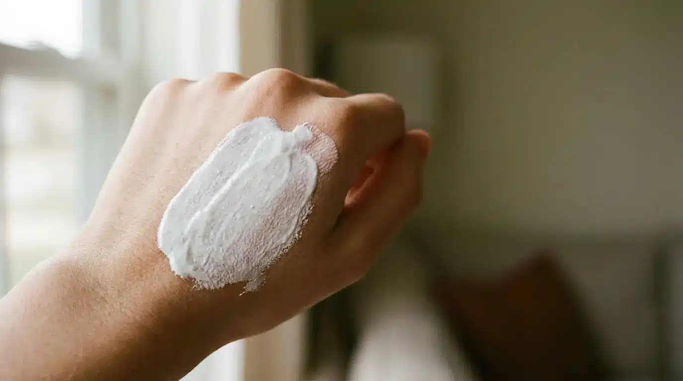 Cream applied on the back of a hand in soft indoor lighting