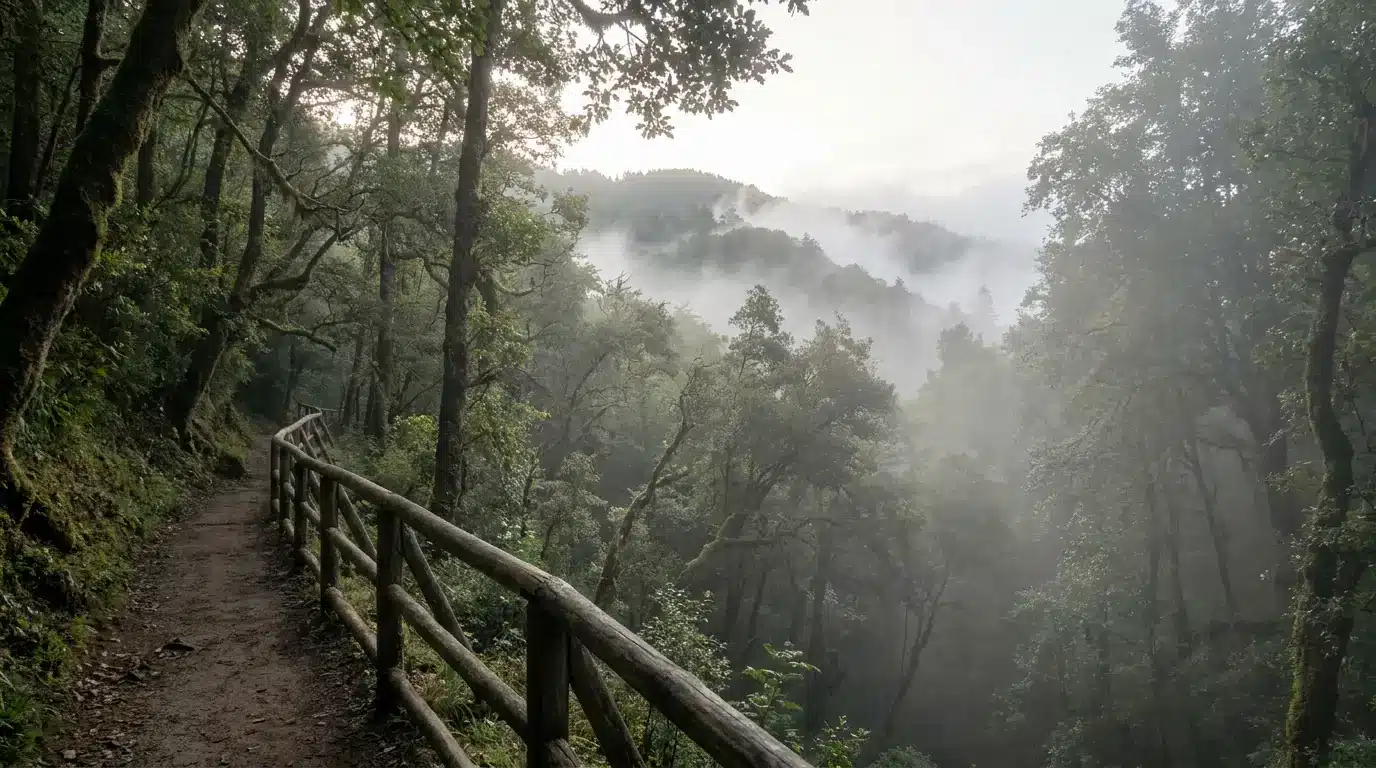 Misty forest trail with wooden railing and tall trees under soft morning light