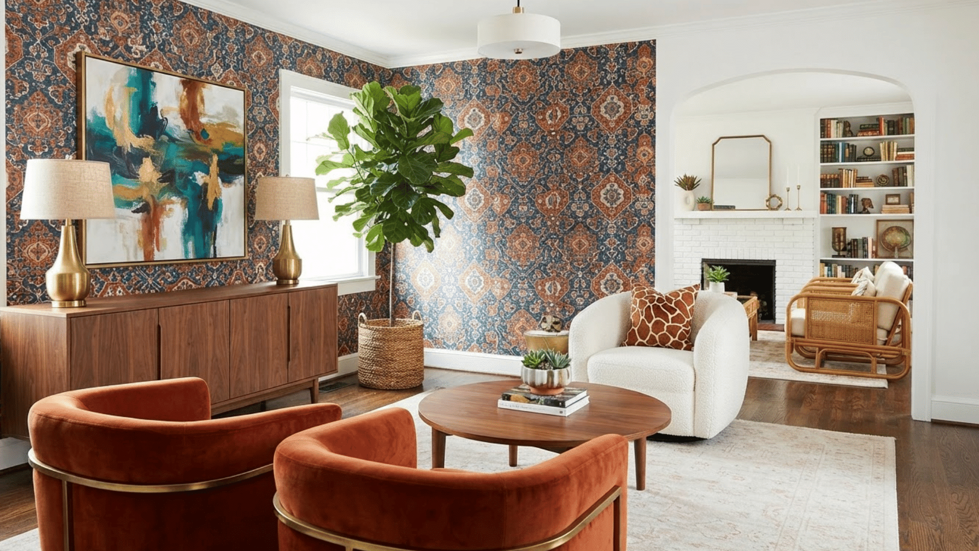 mixing bold patterns and textures in a stylish eclectic interior design with layered decor and furnishings