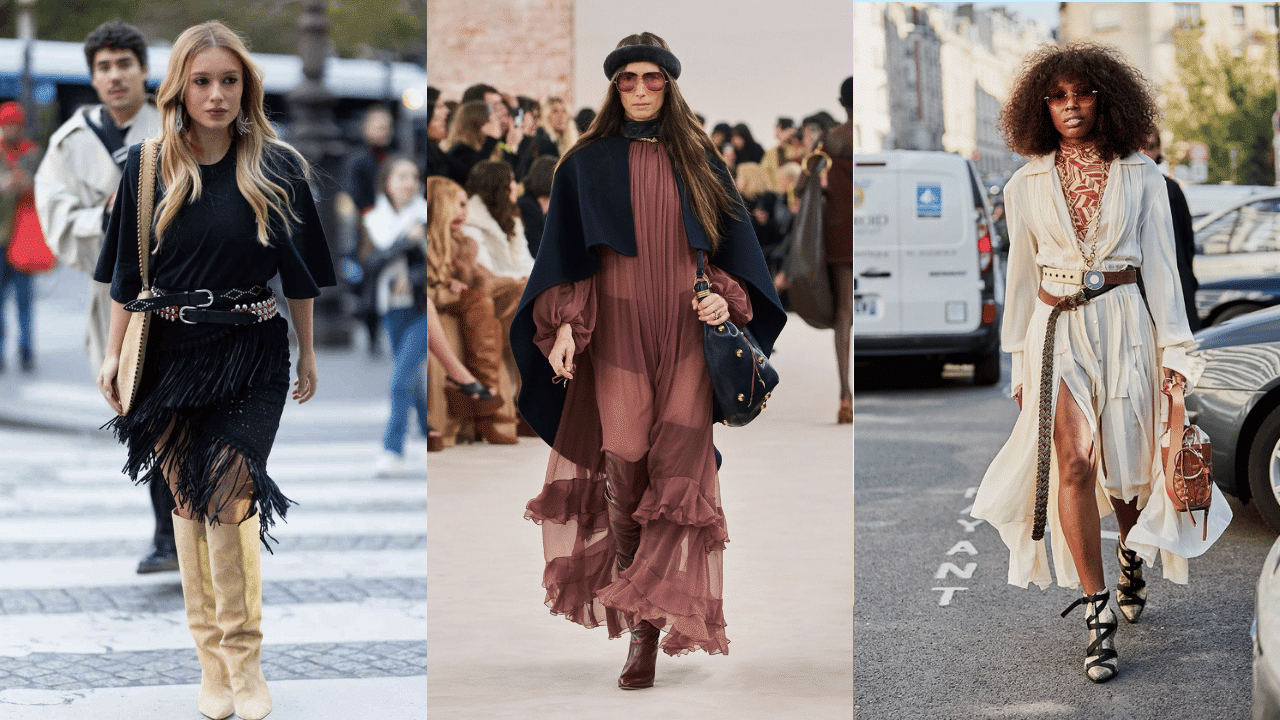 modern boho chic outfits featuring fringe, flowing dresses, layered belts, earthy tones, boots, and contemporary accessories