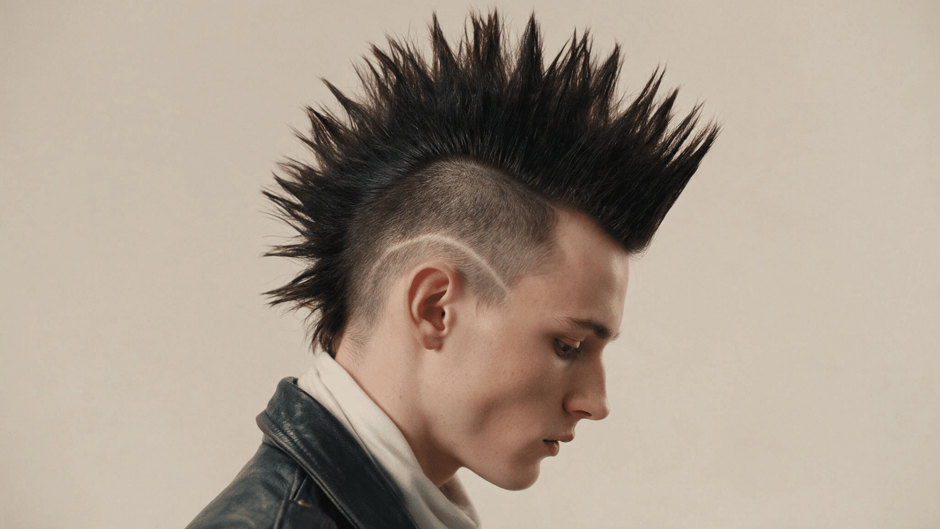 mohawk haircut with sharply shaved sides spiked dark hair and defined center strip creating an edgy hairstyle for men