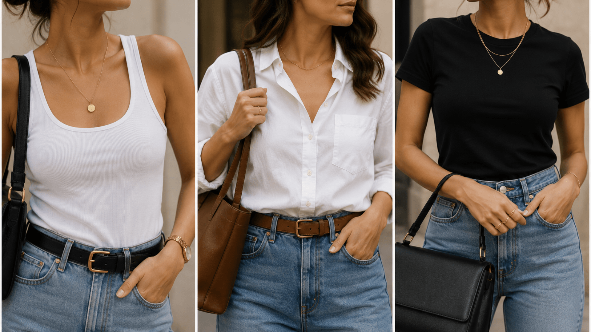 mom jeans styled with simple jewelry leather belts and handbags