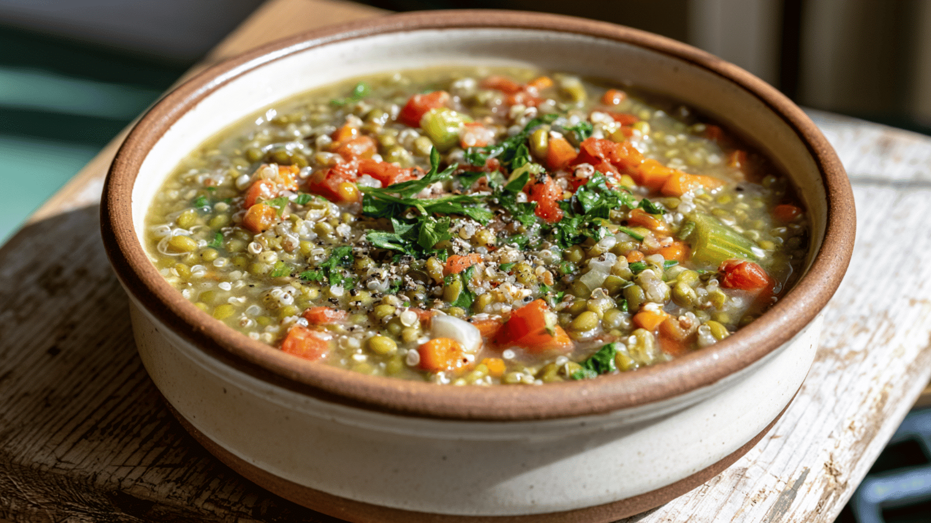 mung bean and quinoa soup with tomatoes carrots celery herbs and warming spices in a rustic bowl
