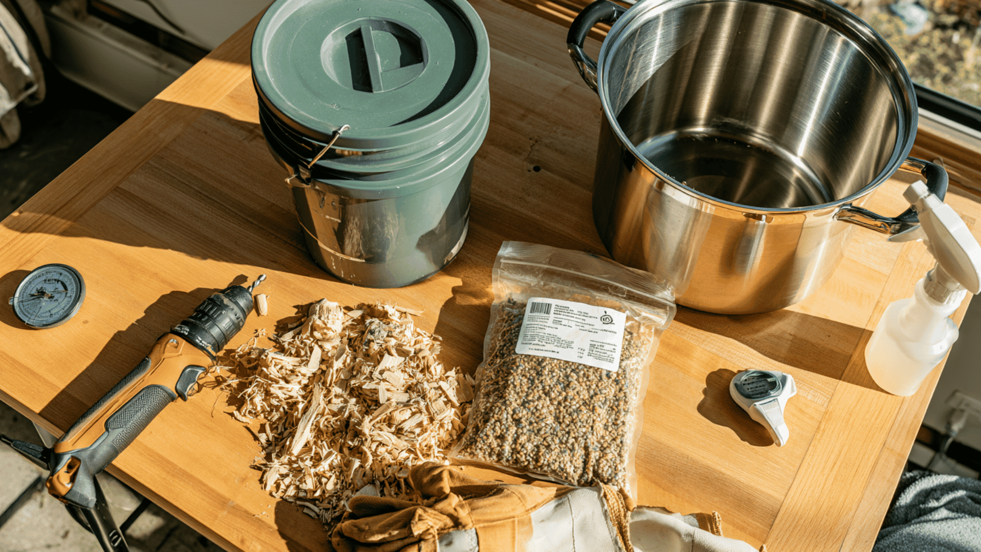 mushroom growing supplies arranged on a clean worktable with bucket spawn shavings and gloves
